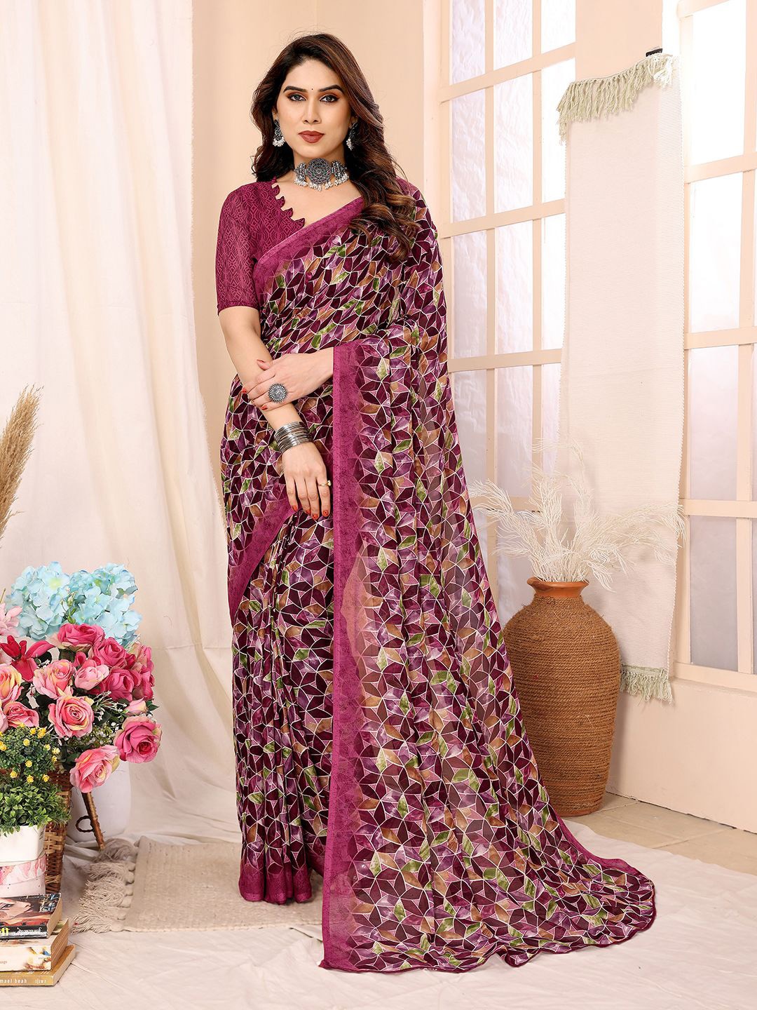 

Moda Rapido Printed Saree With Blouse Piece, Pink