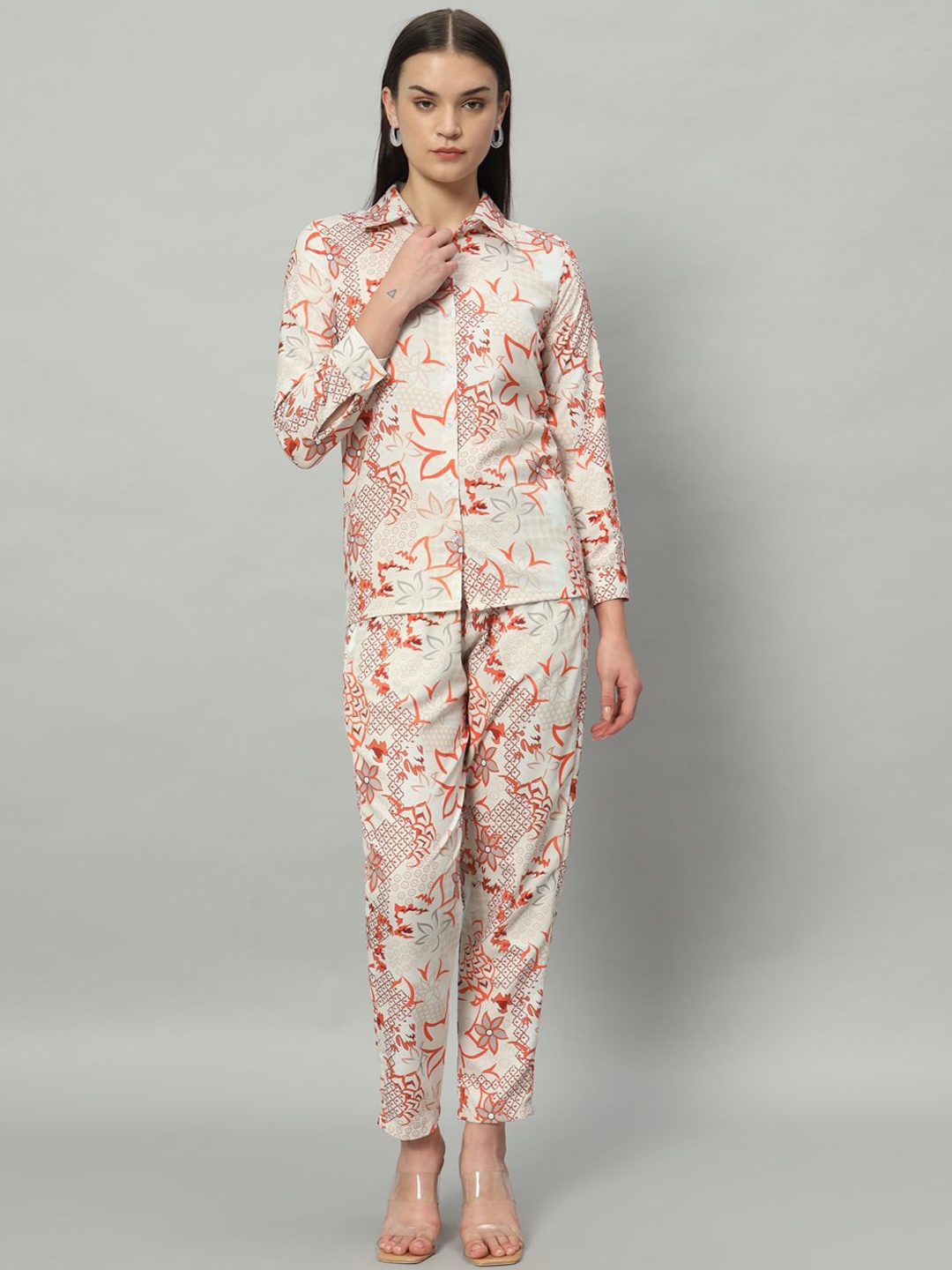 

ISHA TRADE Floral Printed Long Sleeve Shirt & Trouser, Cream