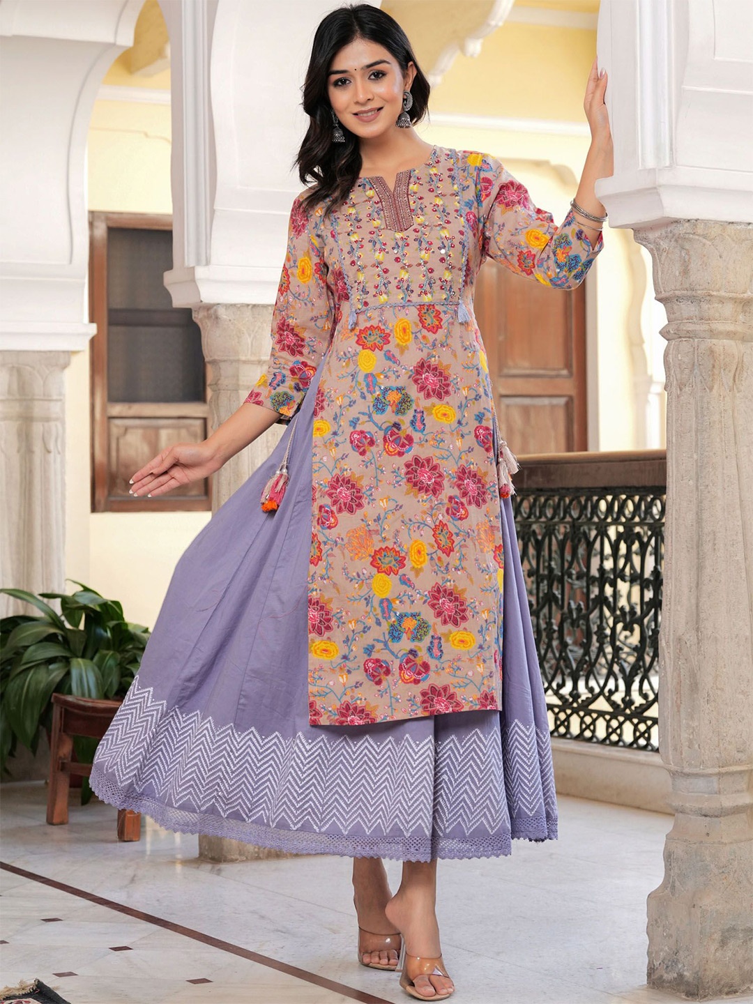 

BAESD Floral Printed Cotton A-Line Midi Ethnic Dress, Grey