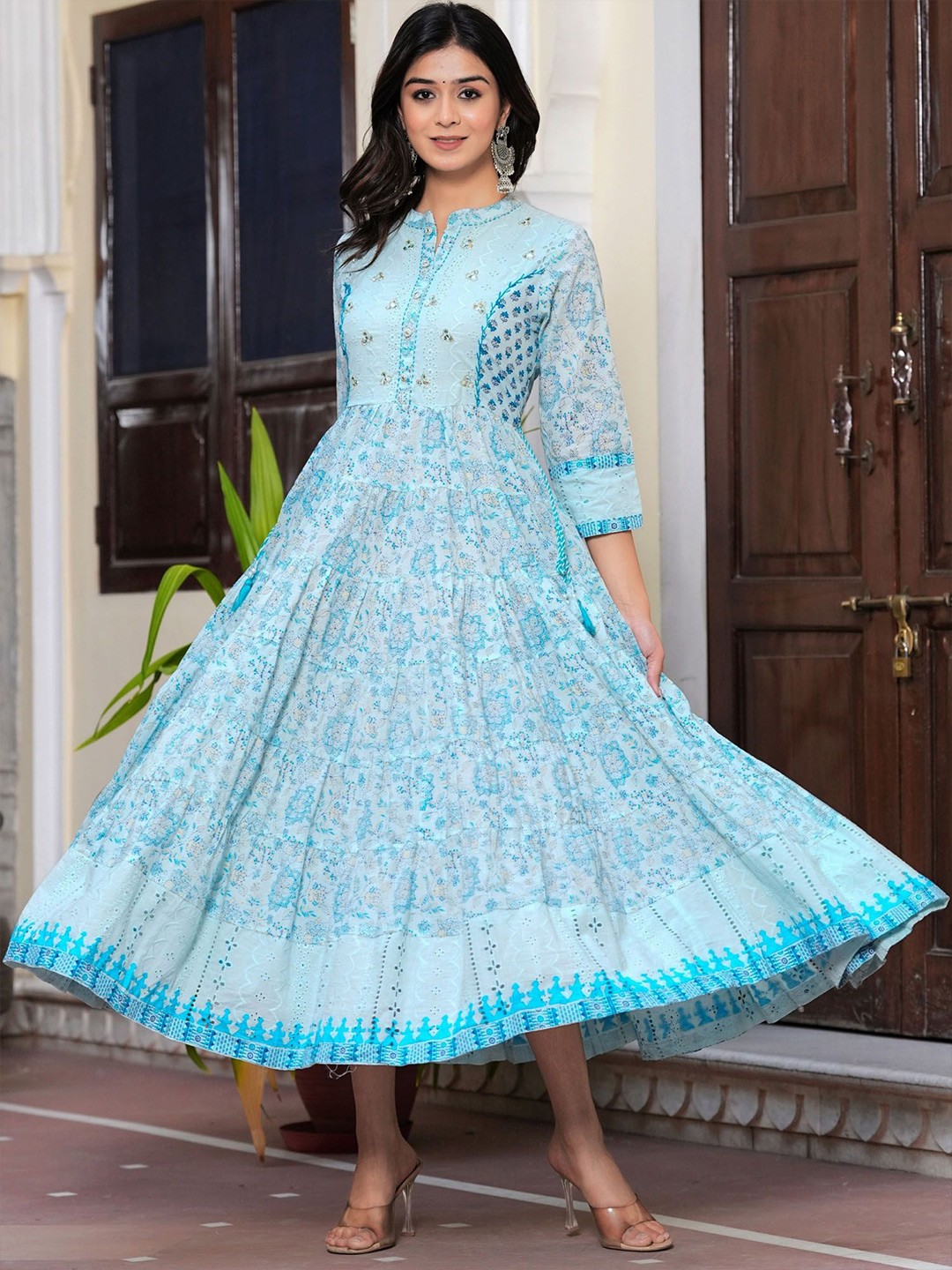 

BAESD Ethnic Motifs Printed Schiffli Mandarin Collar Cotton Maxi Dress, Blue