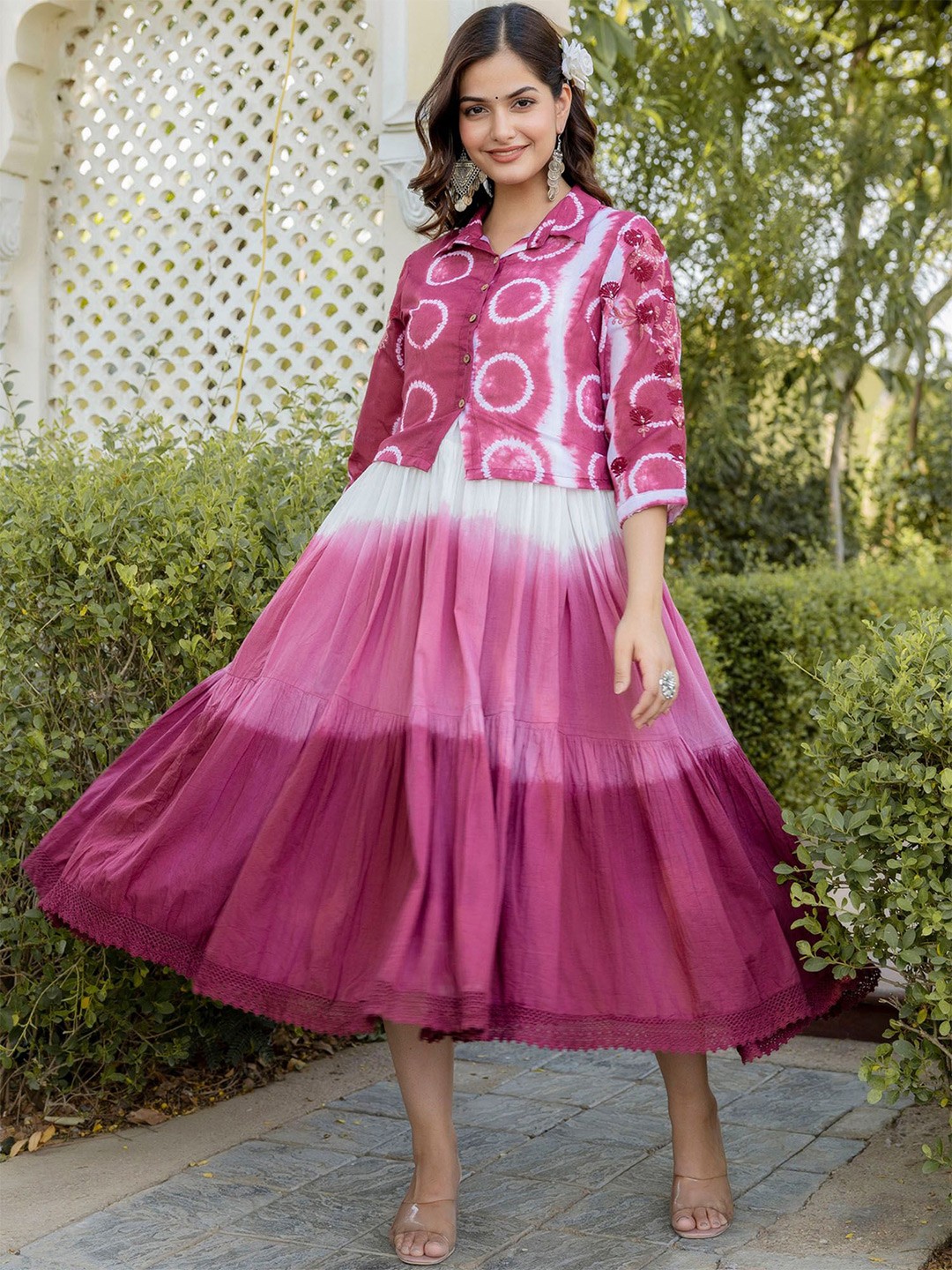 

BAESD Tie And Dye Cotton Shirt Collar Fit & Flare Maxi Dress, Maroon