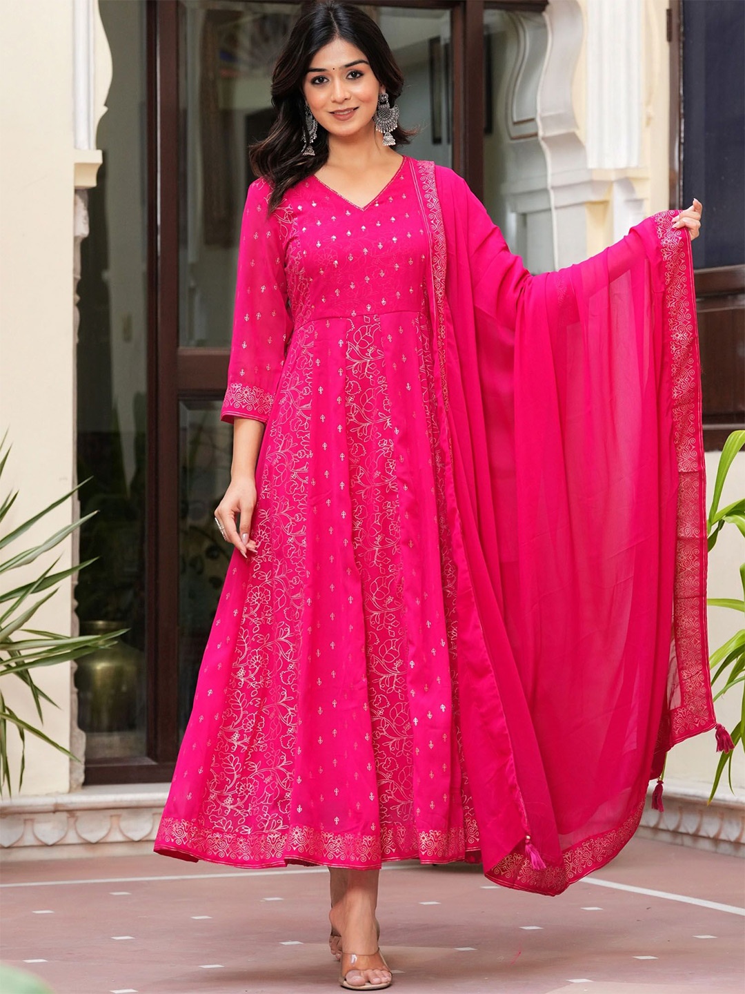 

BAESD Floral Printed Georgette Maxi Ethnic Dress With Dupatta, Pink