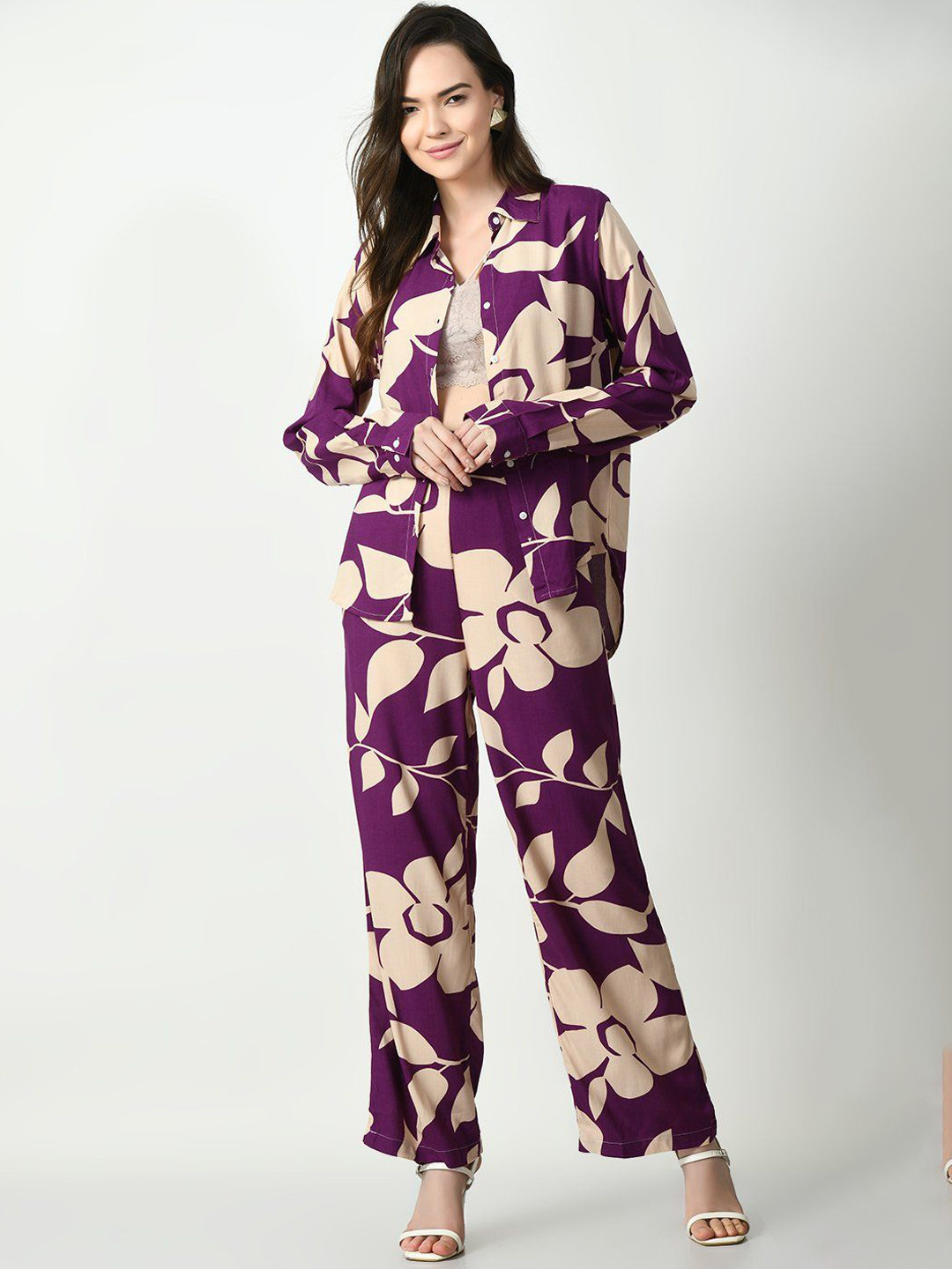 

ISHA TRADE Floral Printed Long Sleeve Shirt & Trouser, Purple