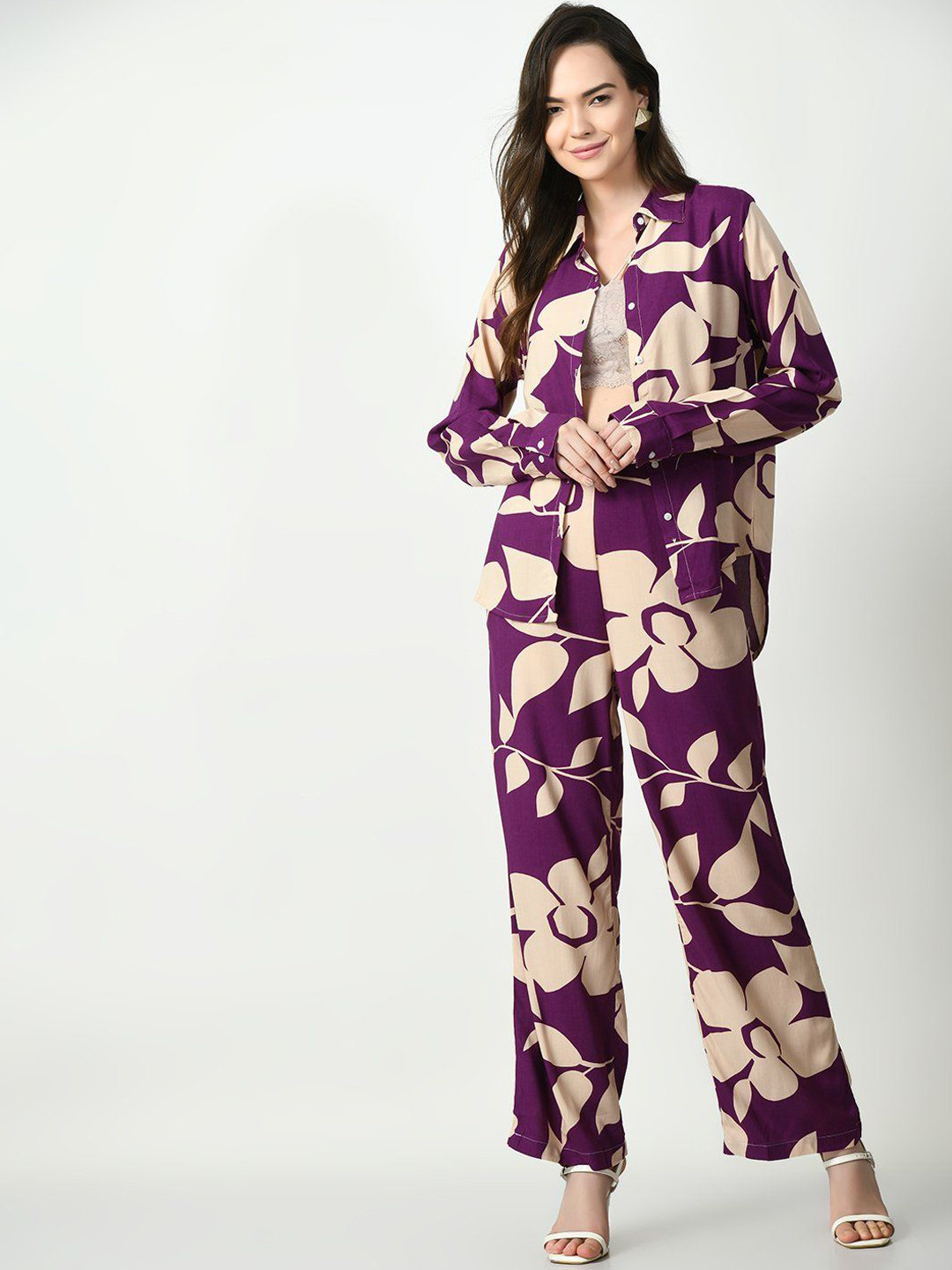 

ISHA TRADE Floral Printed Long Sleeve Shirt & Trouser, Purple