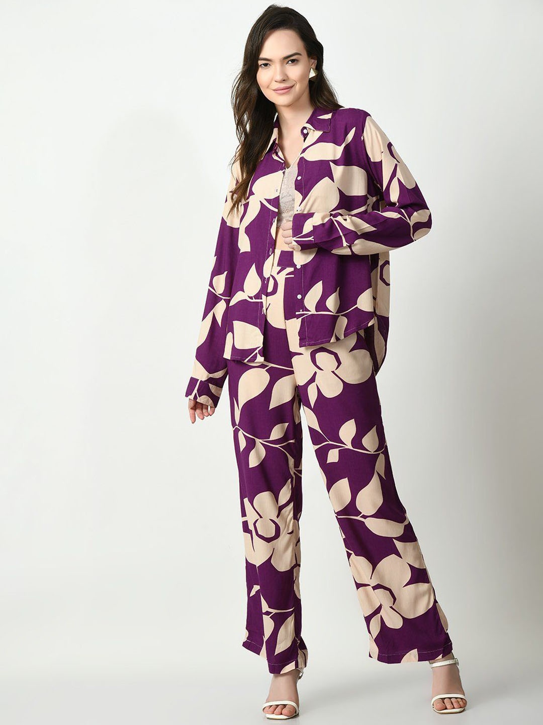 

ISHA TRADE Floral Printed Long Sleeve Shirt & Trouser, Purple