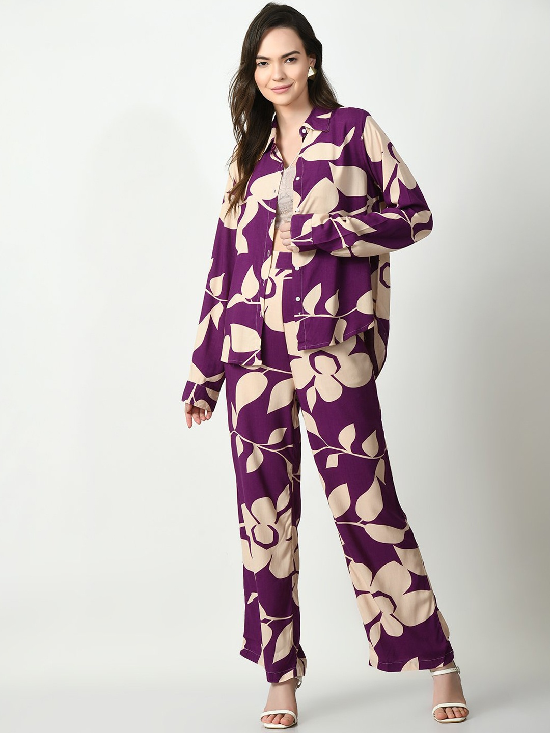 

ISHA TRADE Floral Printed Long Sleeve Shirt & Trouser, Purple