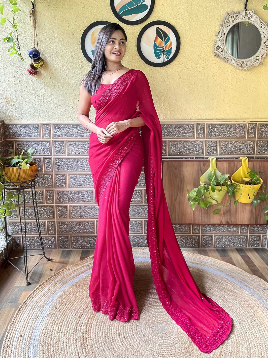 

Panzora Floral Sequinned Saree, Pink