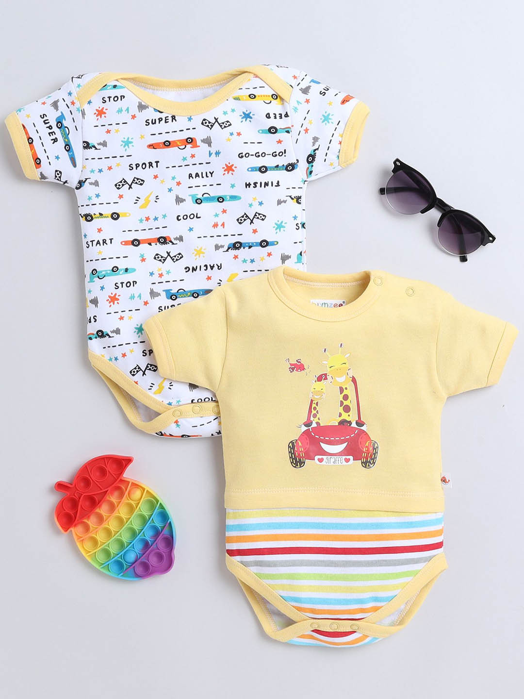 

BUMZEE Infant Boys Pack Of 2 Printed Cotton Bodysuit, Yellow