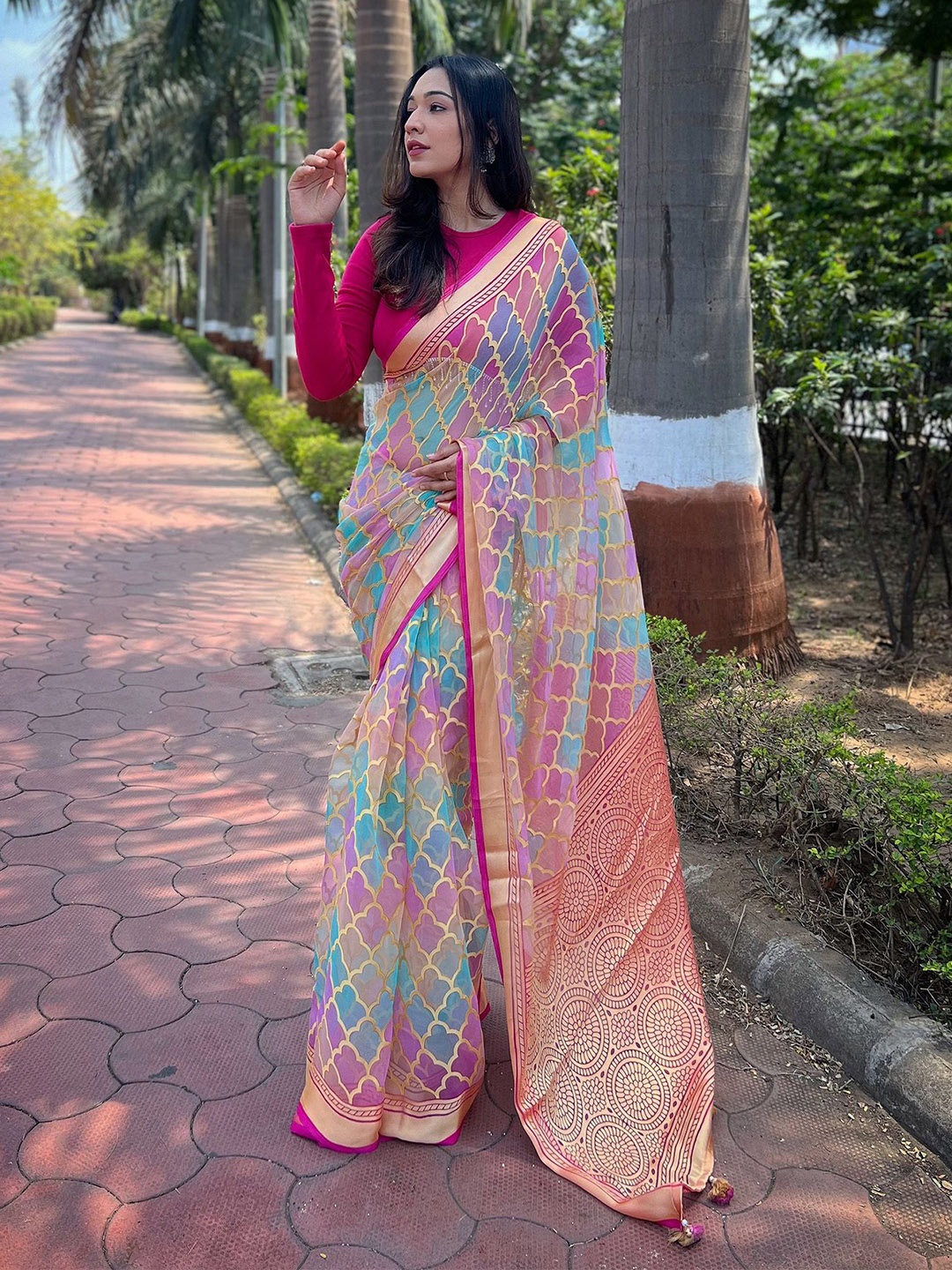 

elora Ethnic Motifs Organza Saree, Pink