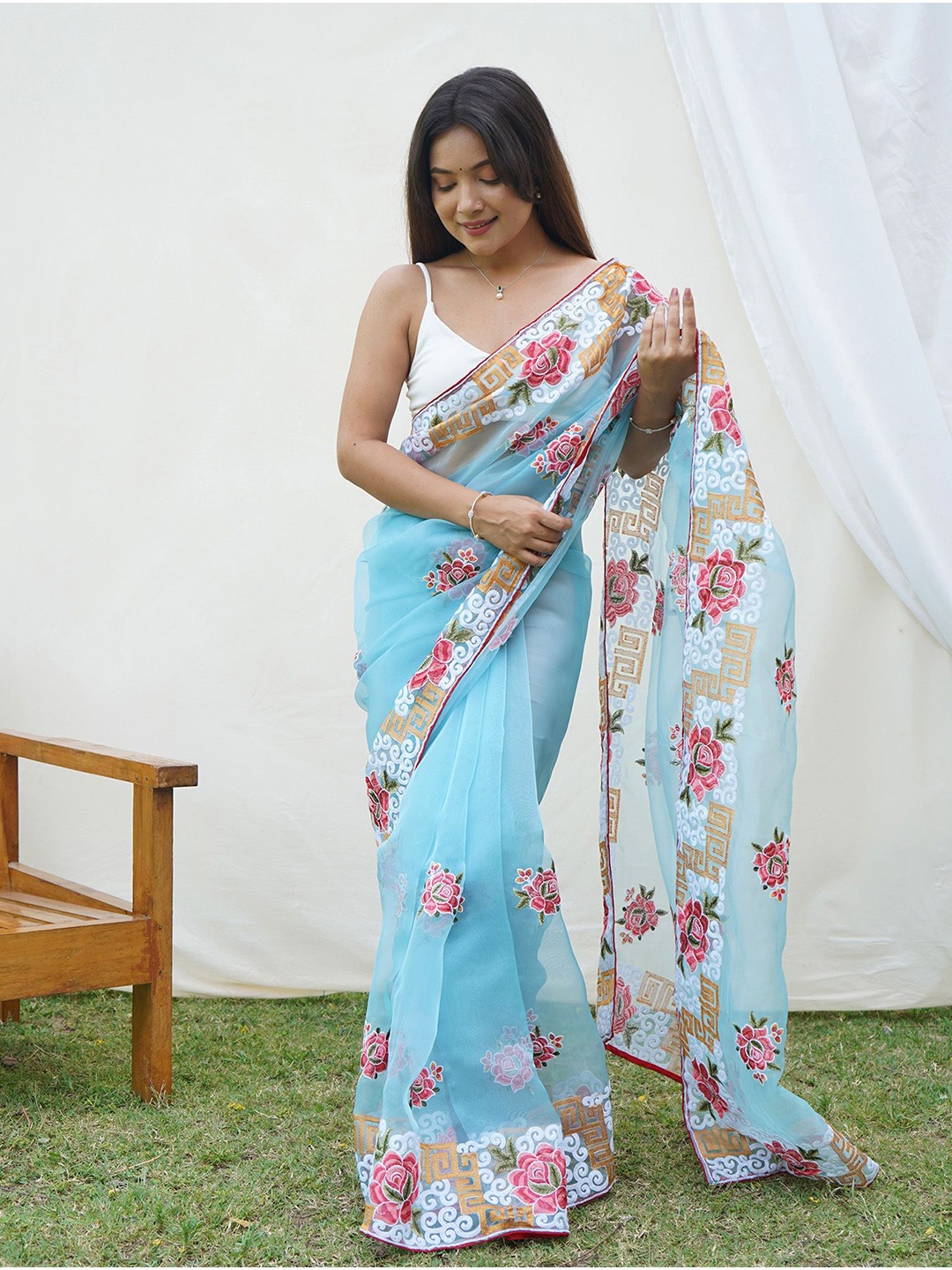 

elora Floral Embroidered Organza Saree, Turquoise blue