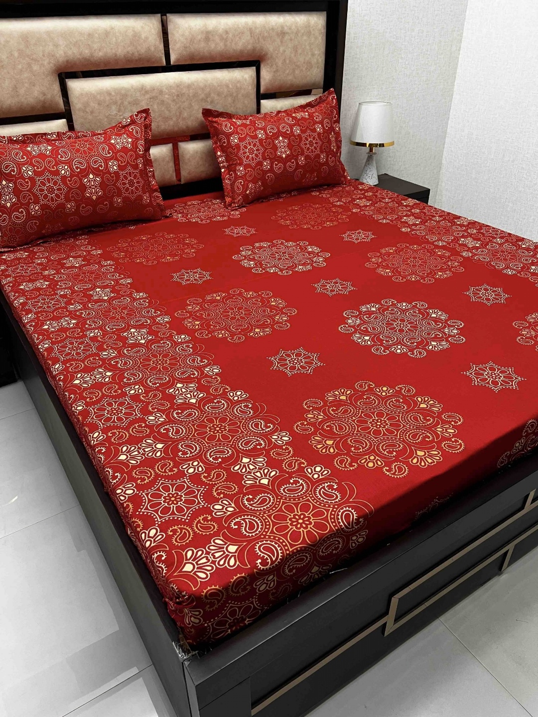 

Pure Decor Red Ethnic Motifs Pure Cotton 300 TC Queen Bedsheet with 2 Pillow Covers