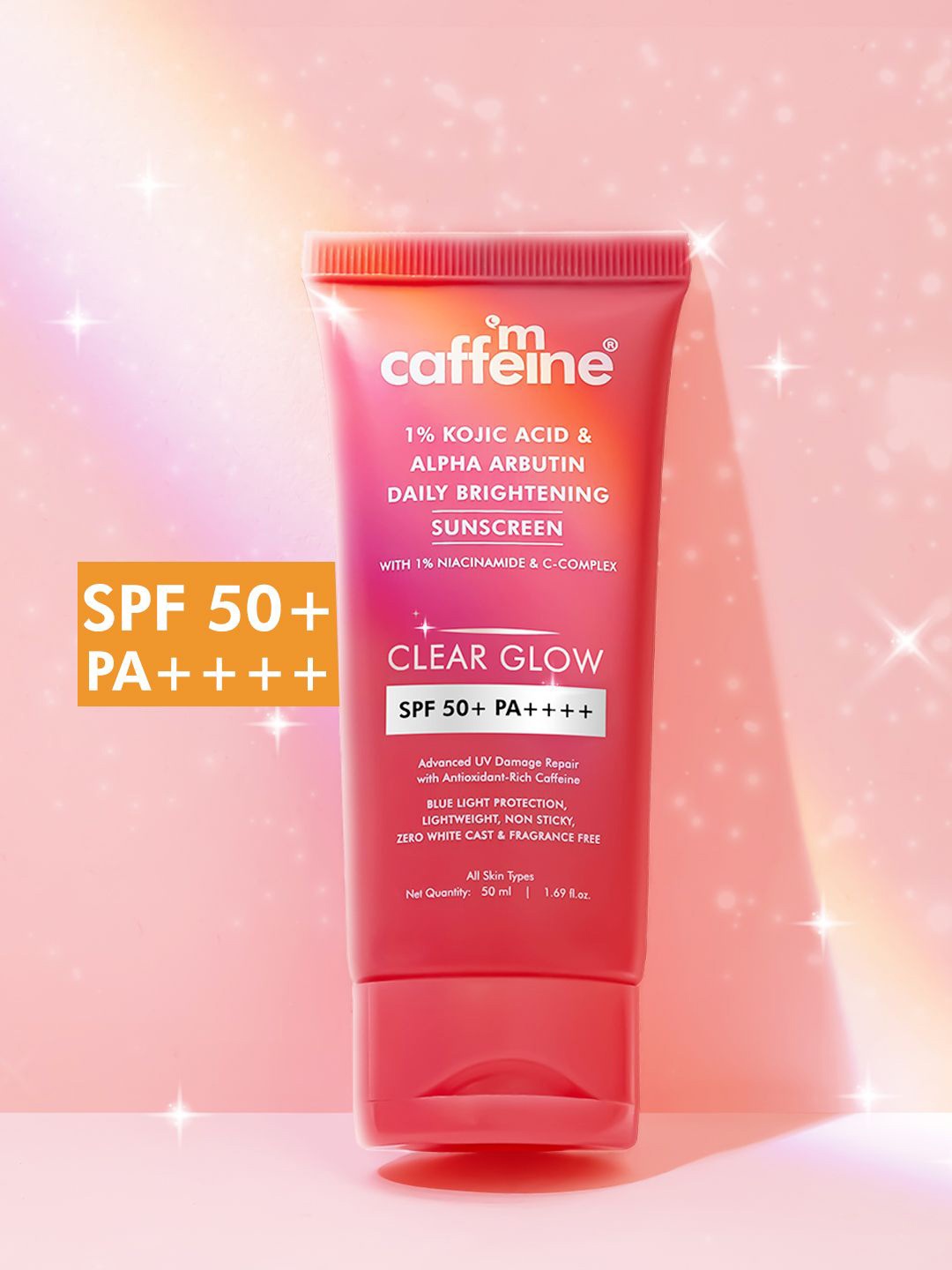 

MCaffeine Clear Glow 1% Kojic Acid Alpha Arbutin Brightening Sunscreen SPF 50 PA+++-50ml, White