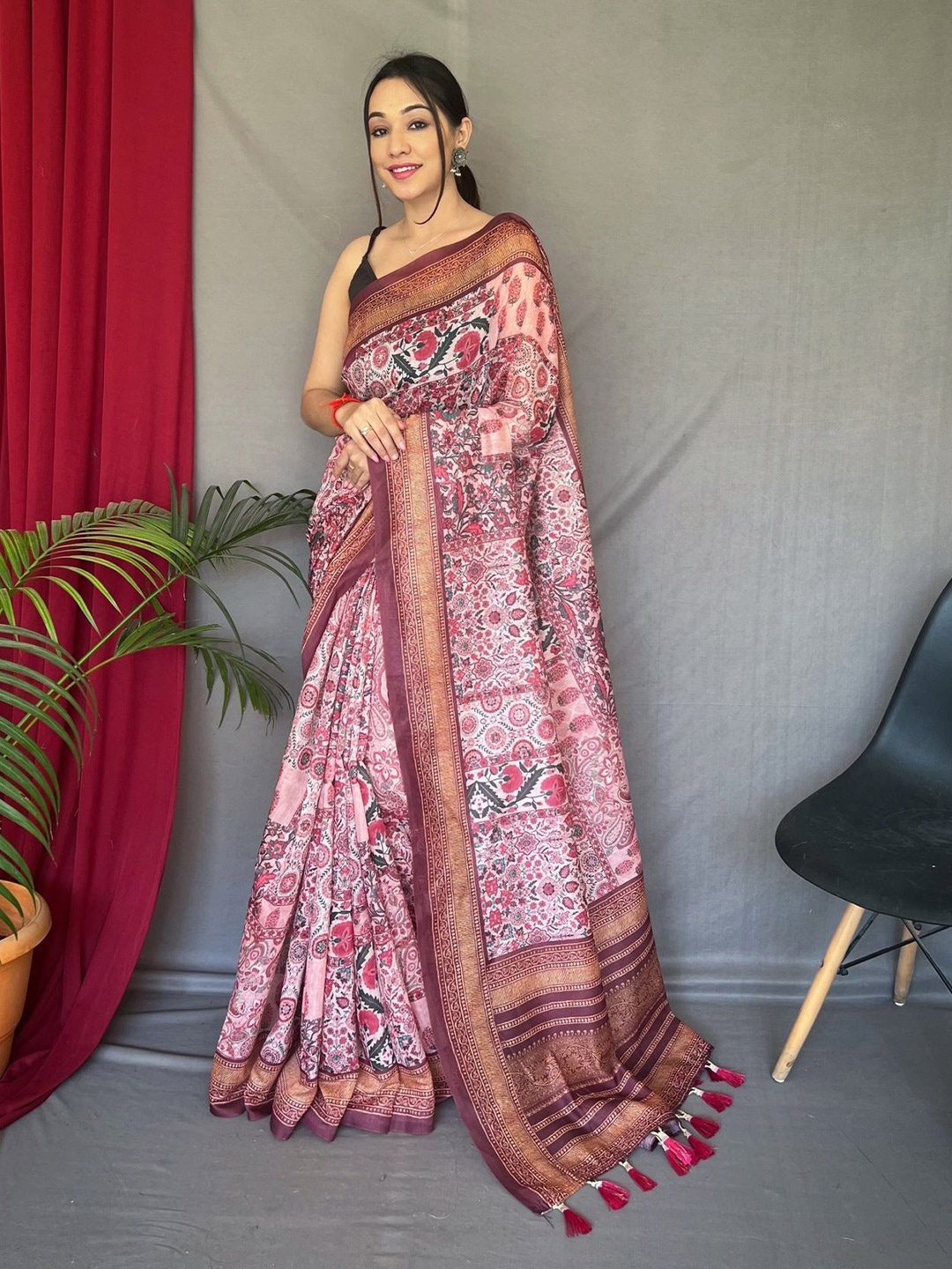 

Panzora Kalamkari printed Saree, Pink