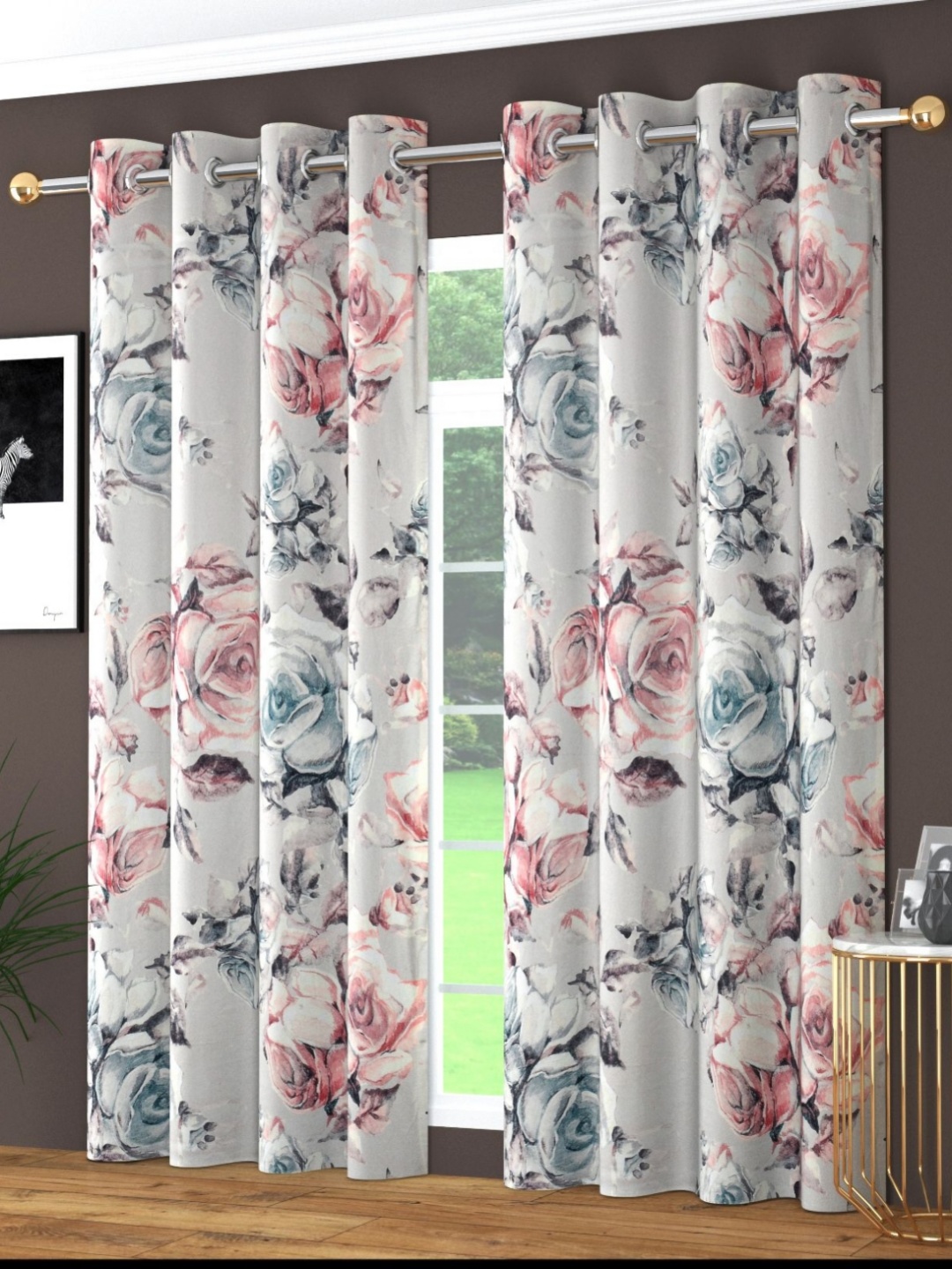 

MULTITEX Pink & Grey 2 Pieces Floral Door Curtain