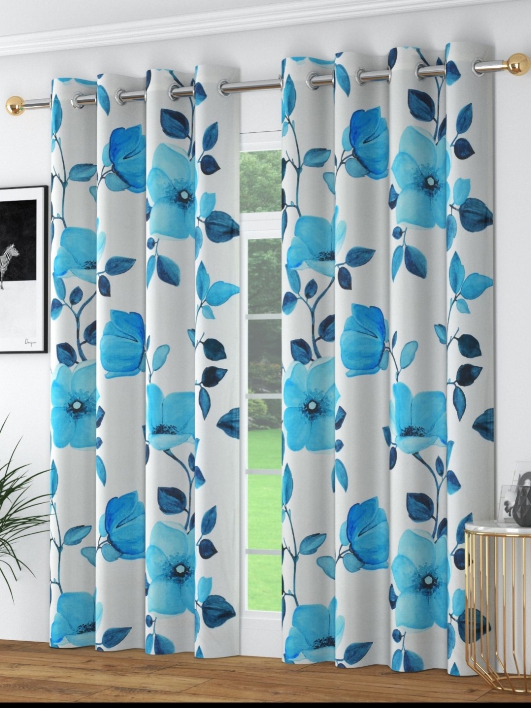 

MULTITEX Navy Blue & White Set of 2 Floral Door Curtain