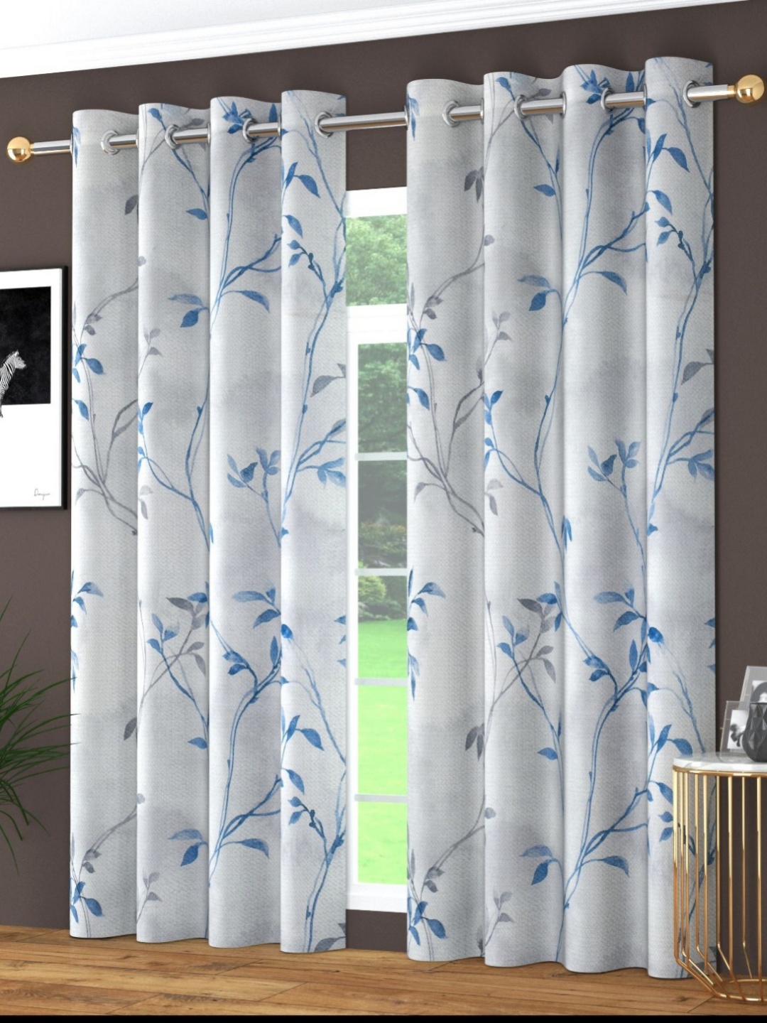 

MULTITEX White & Blue Set of 2 Floral Door Curtain