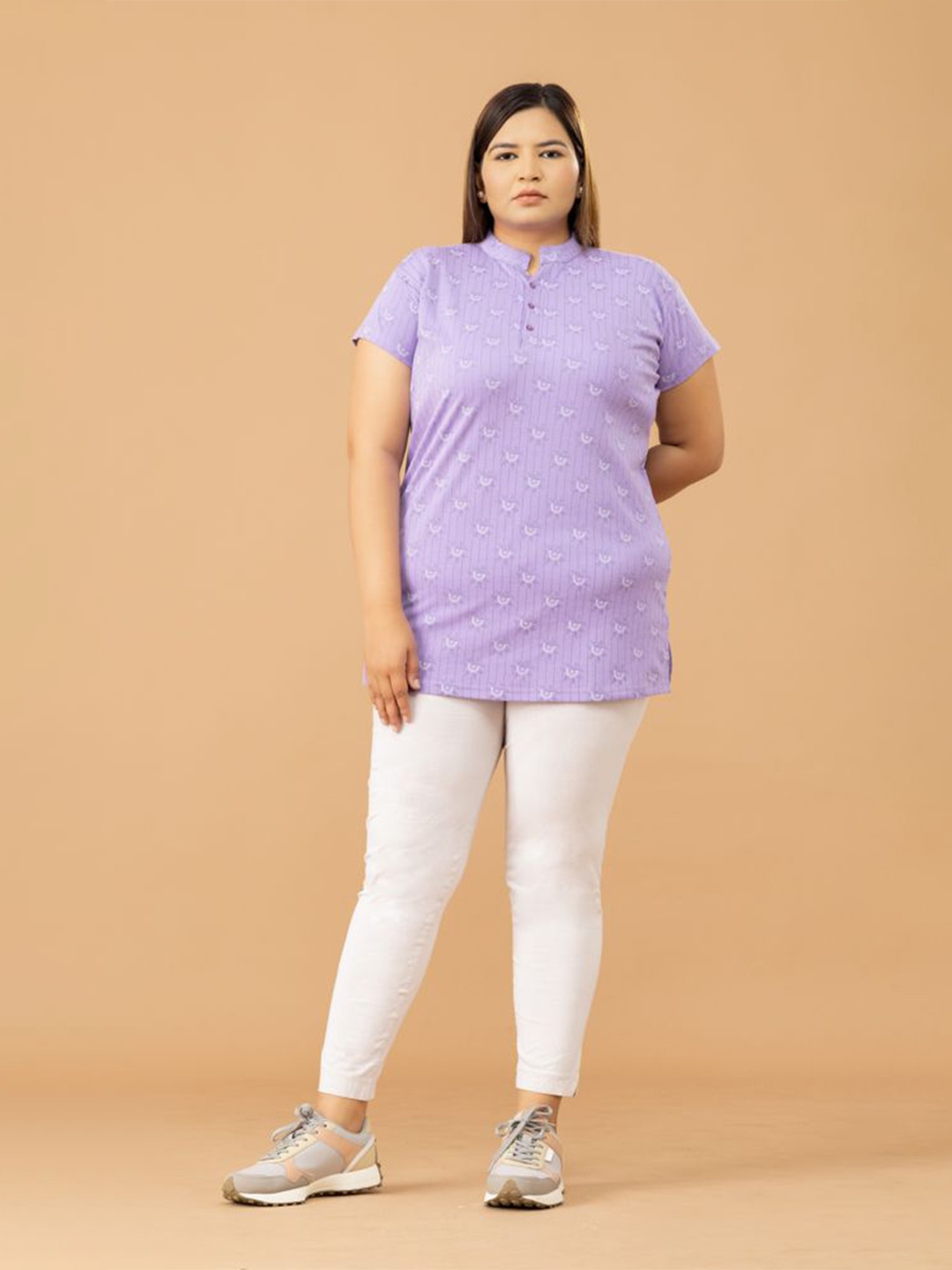 

CUPID Plus Size Geometric Printed Mandarin Collar Cotton Top, Violet