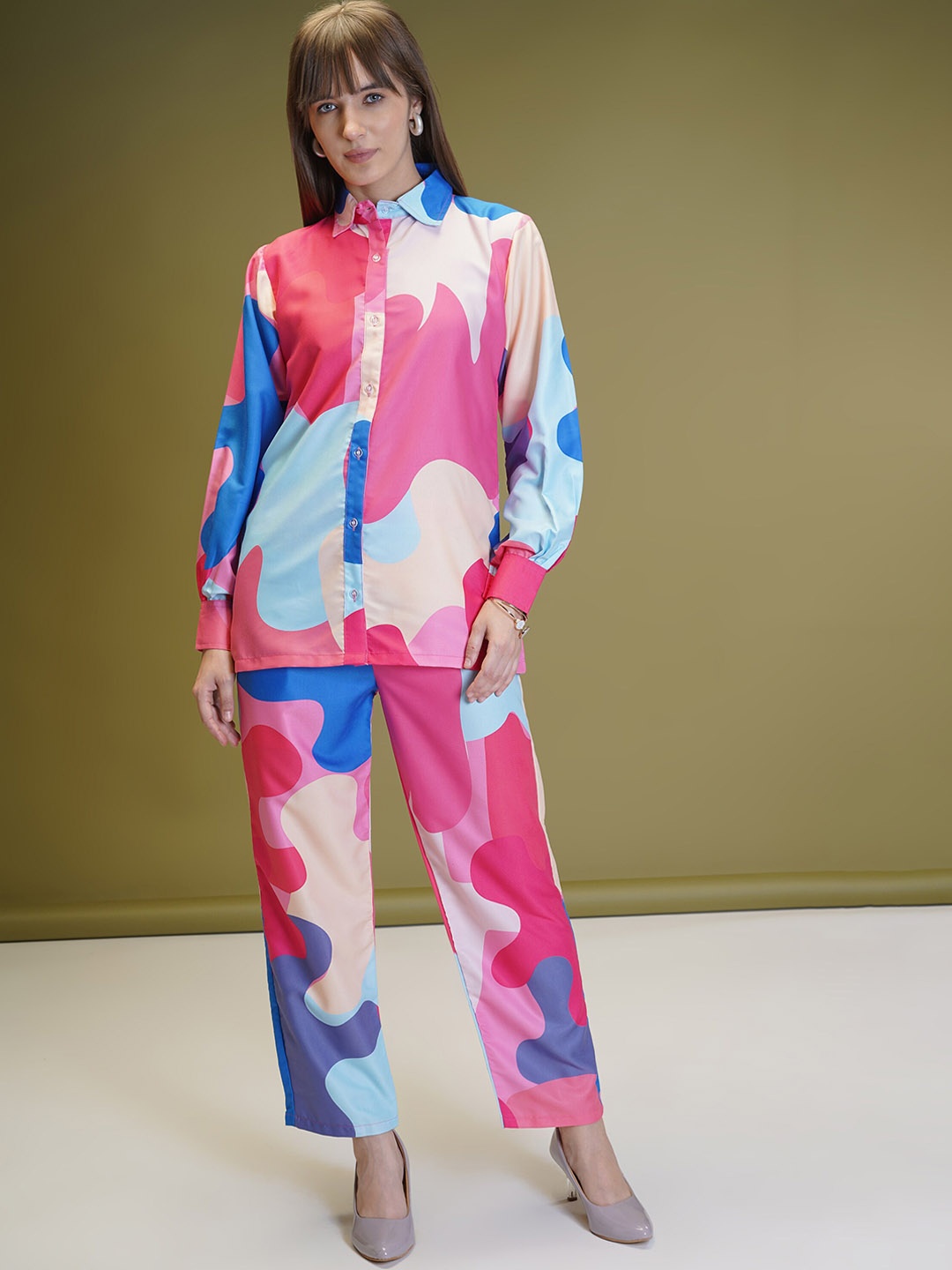

ISHA TRADE Abstract Printed Cuffed Sleeves Straight Shirt With Palazzos, Blue