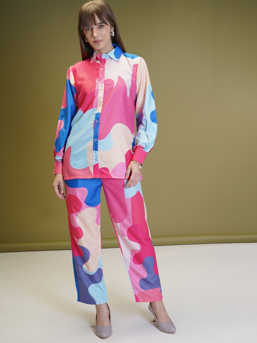 

ISHA TRADE Abstract Printed Cuffed Sleeves Shirt & Trouser, Pink