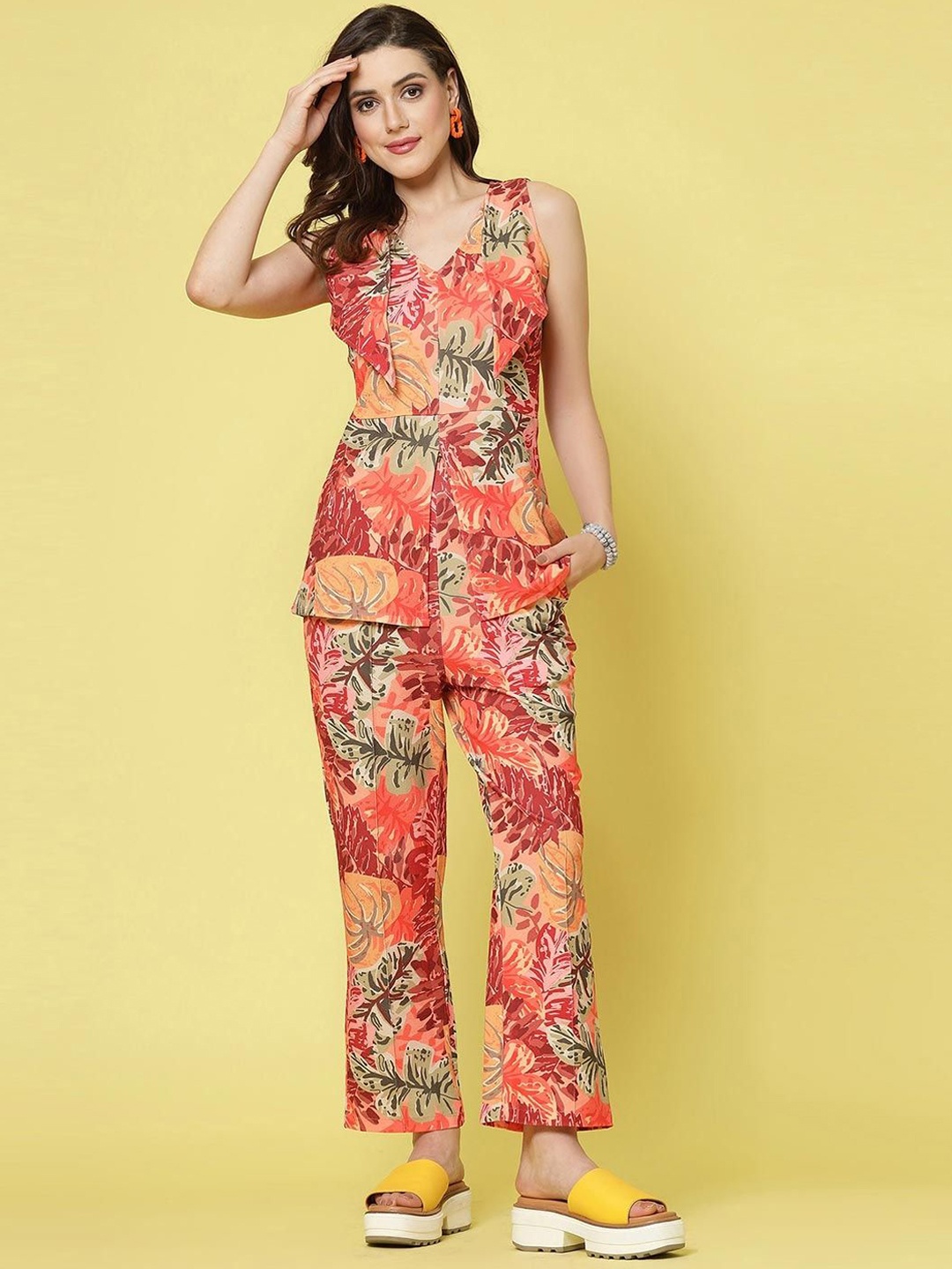 

ISHA TRADE Tropical Printed V-Neck Sleeveless Tunic & Trouser, Orange