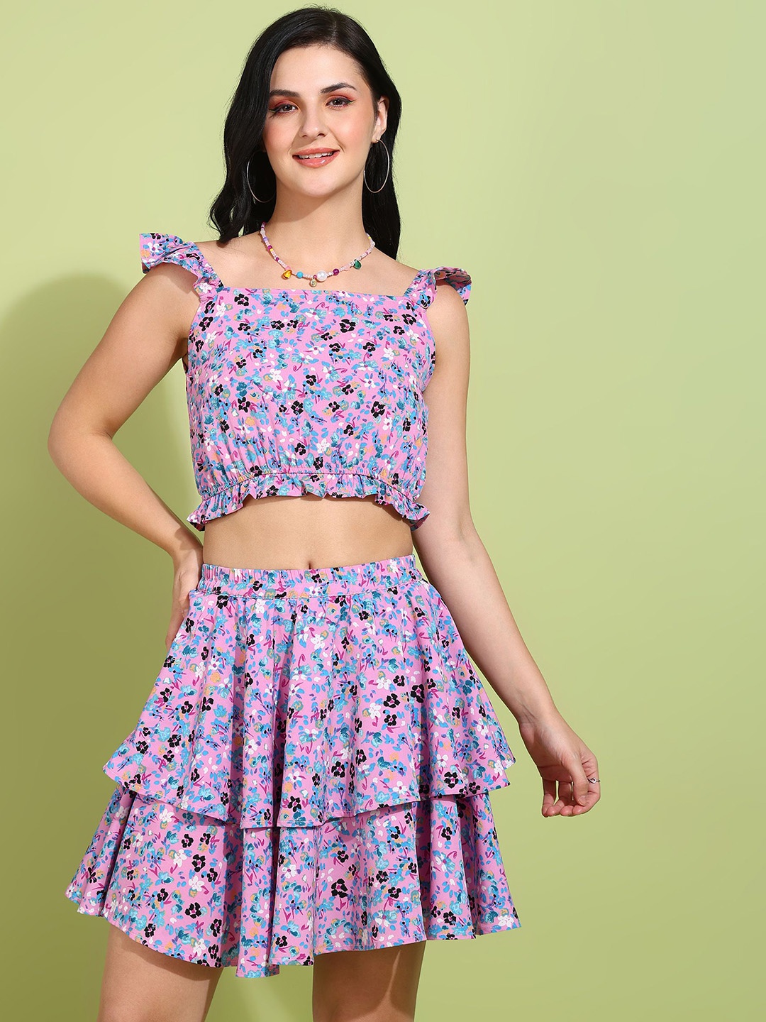 

Fashfun Floral Printed Shoulder Straps Top With Flared Skirt, Purple