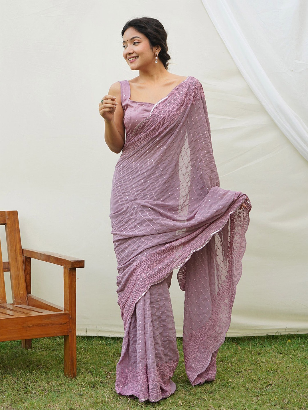 elora Striped Sequinned Pure Georgette Saree, Lavender