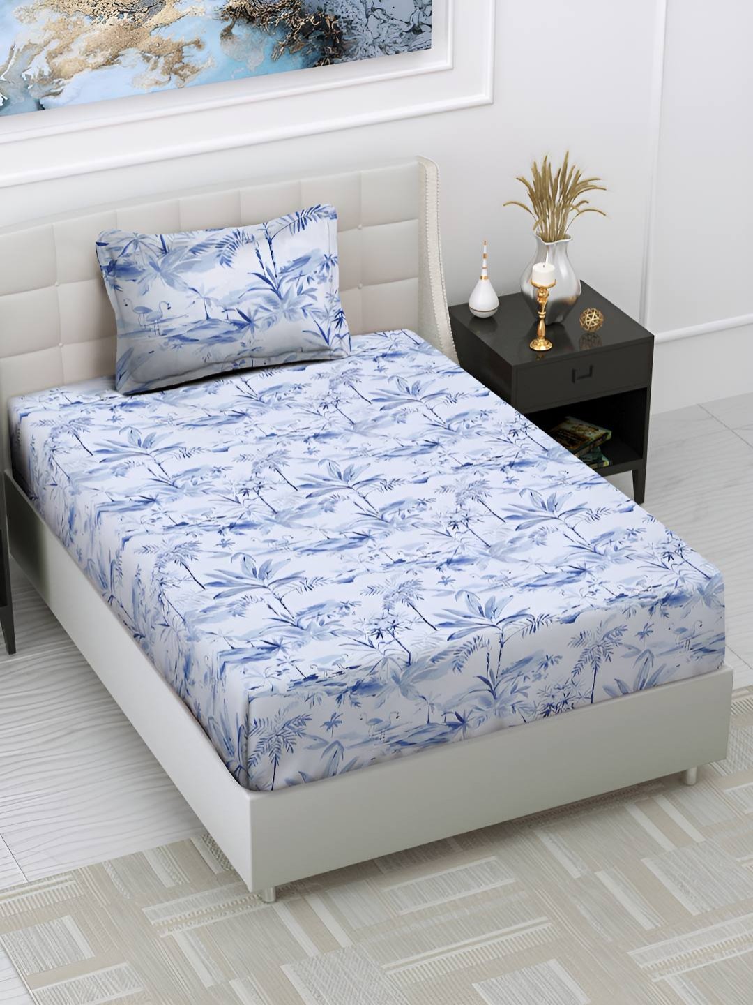 

haus & kinder White & Blue Floral Pure Cotton 186 TC Single Bedsheet With 1 Pillow Cover
