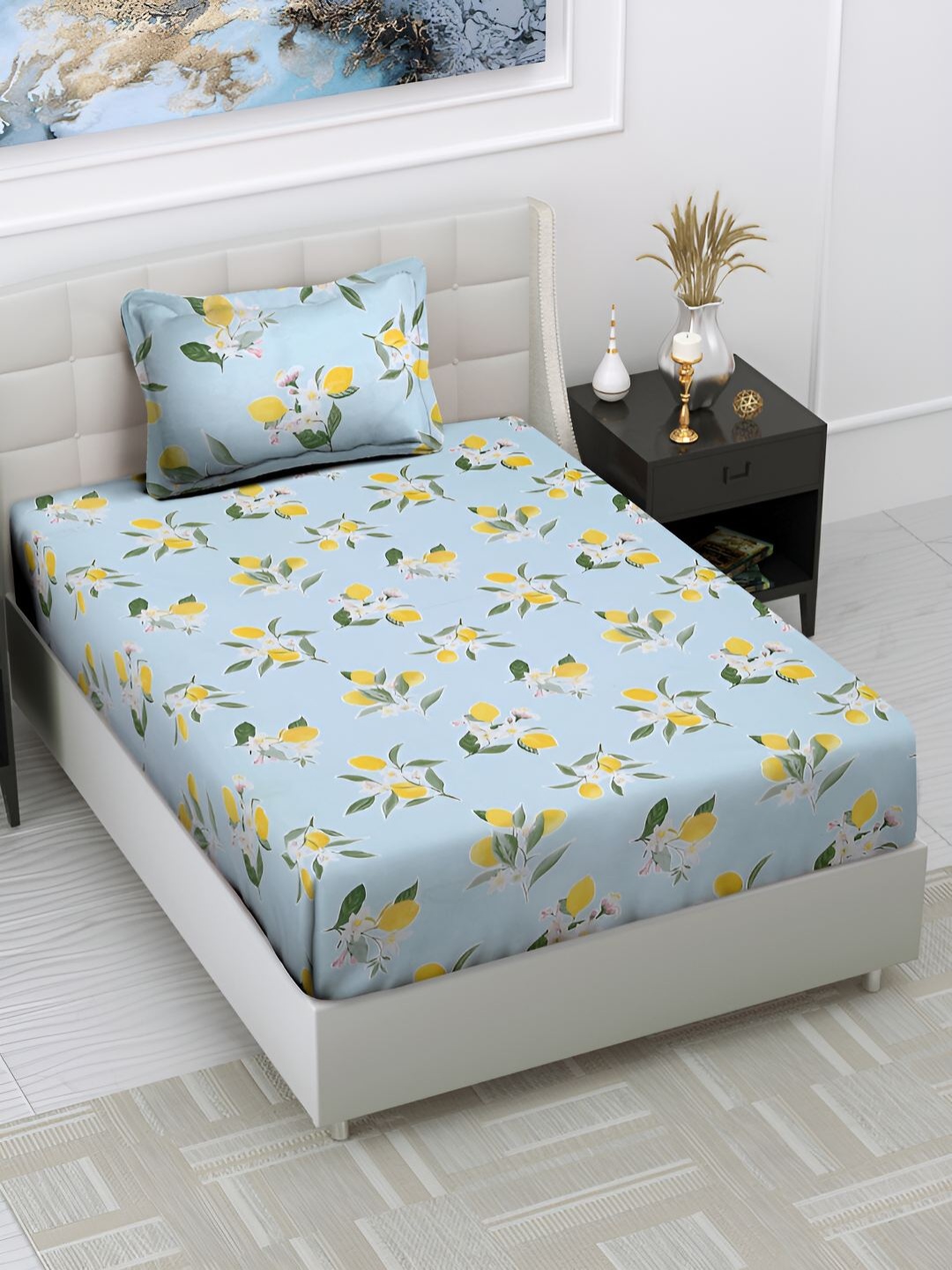 

haus & kinder Green & Yellow Floral Pure Cotton 186 TC Single Bedsheet & 1 Pillow Cover