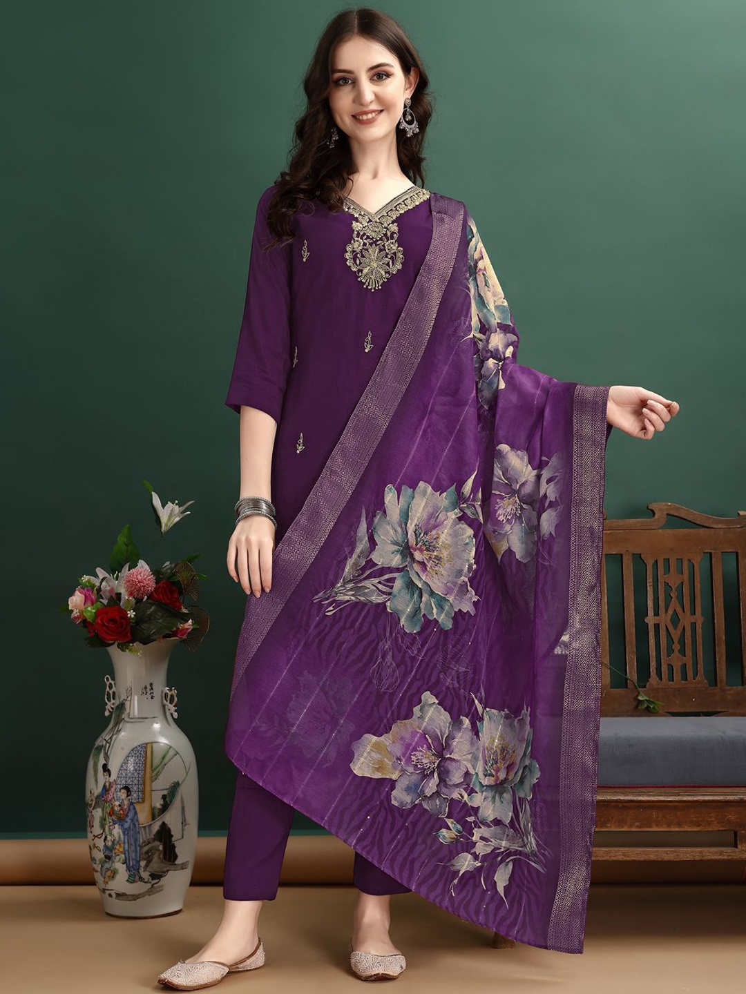 

KALINI Floral Embroidered Regular Chanderi Cotton Kurta with Trousers & Dupatta, Purple