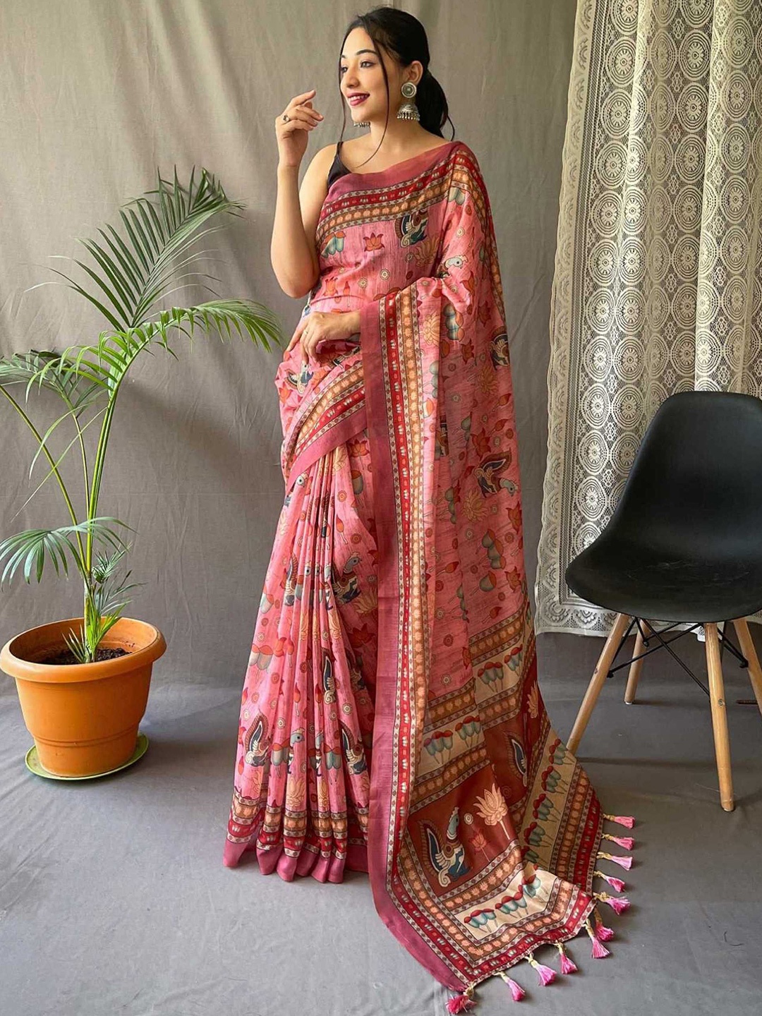 

Panzora Kalamkari Printed Saree, Pink