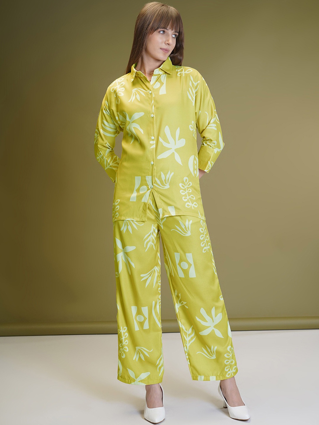 

ISHA TRADE Floral Printed Spread Collar Shirt With Palazzos, Yellow