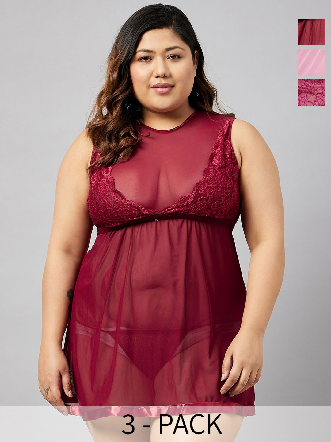 

Curves By ZeroKaata Plus Size Pack Of 2 Self Designed Net Baby Dolls With Briefs, Assorted