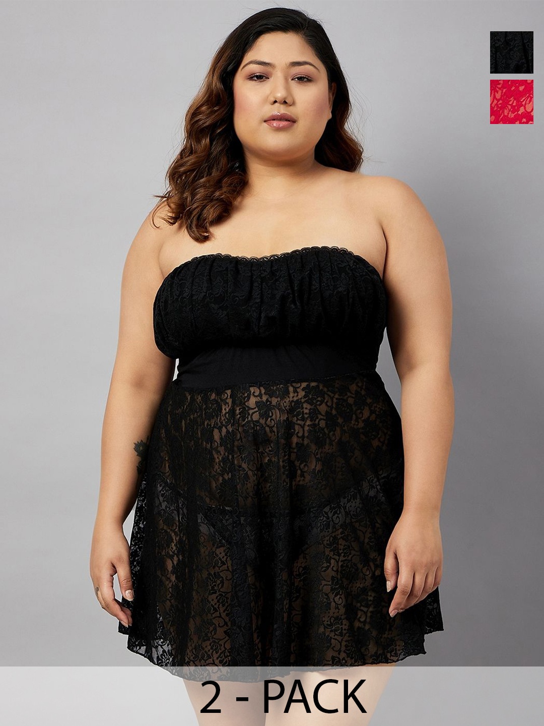 

Curves By ZeroKaata Plus Size Pack of 2 Assorted Self Design Strapless Baby Doll
