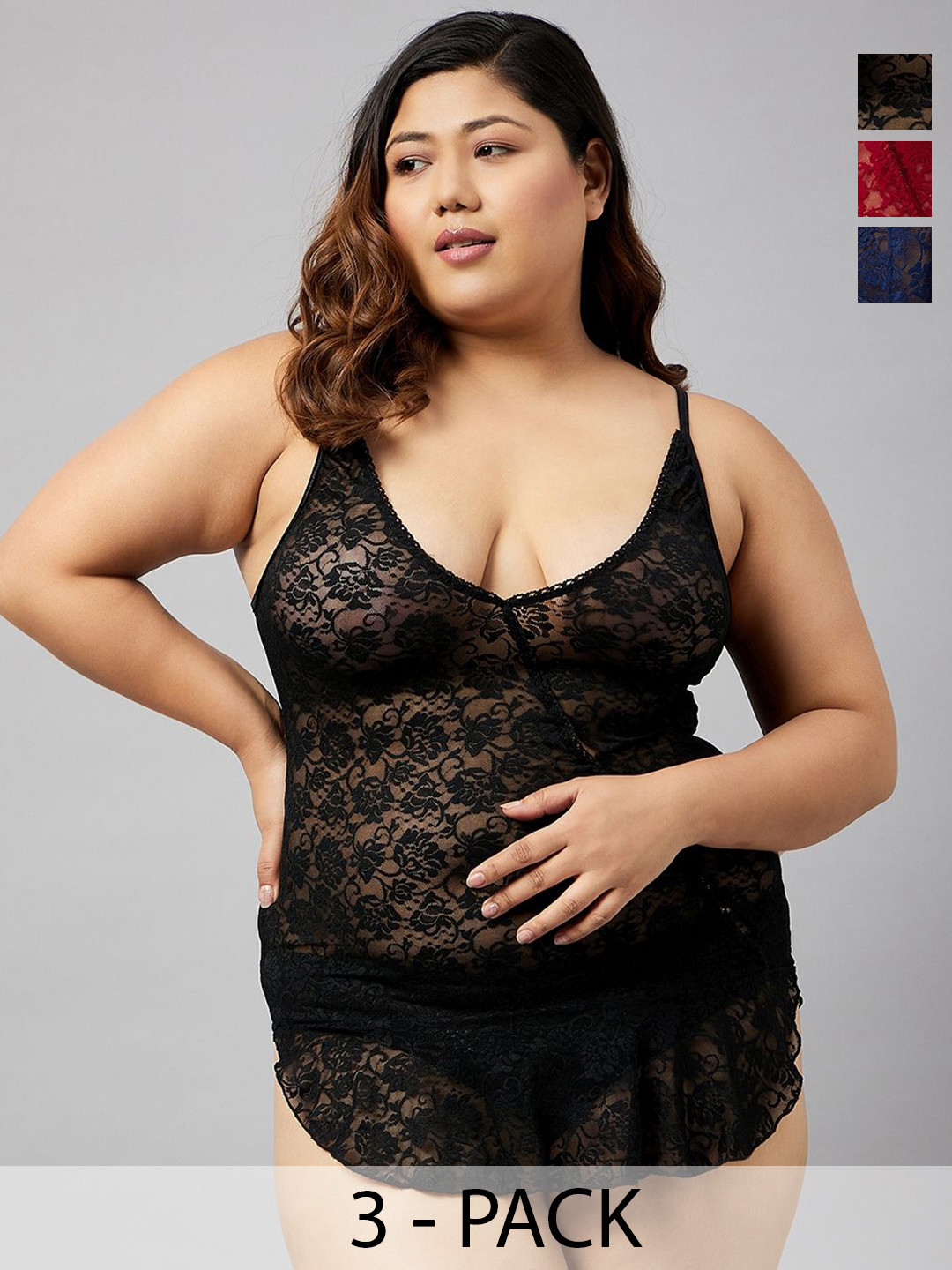 

Curves By ZeroKaata Plus Size Pack Of 2 Self Designed Net Baby Dolls With Briefs, Assorted