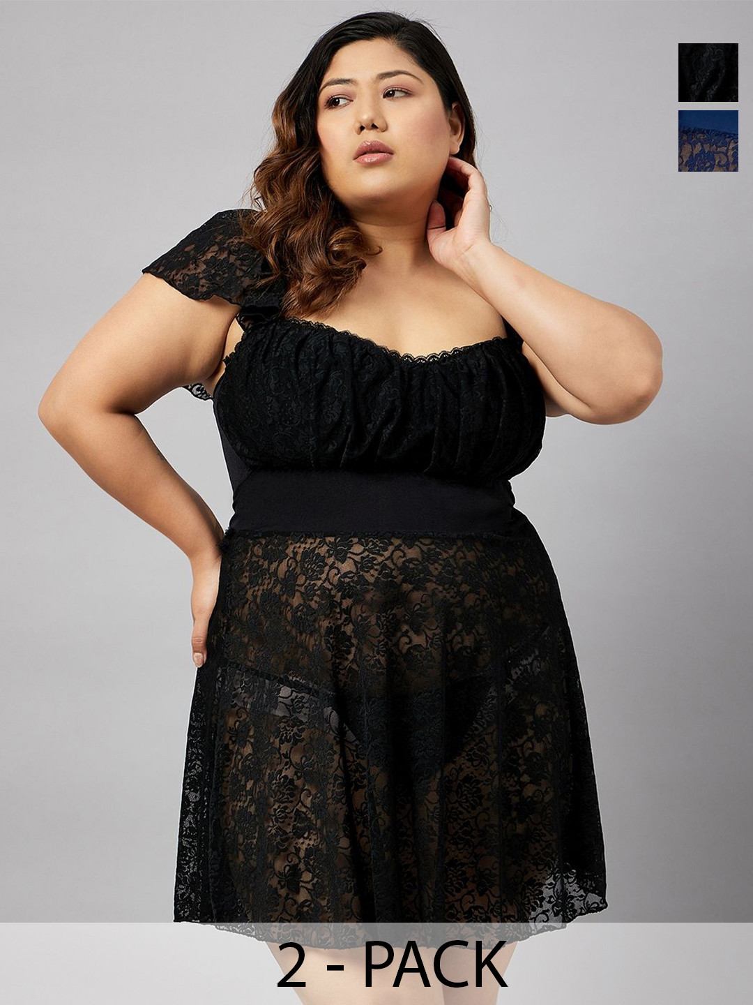 

Curves By ZeroKaata Plus Size Pack Of 2 Self Designed Baby Dolls With Briefs, Assorted