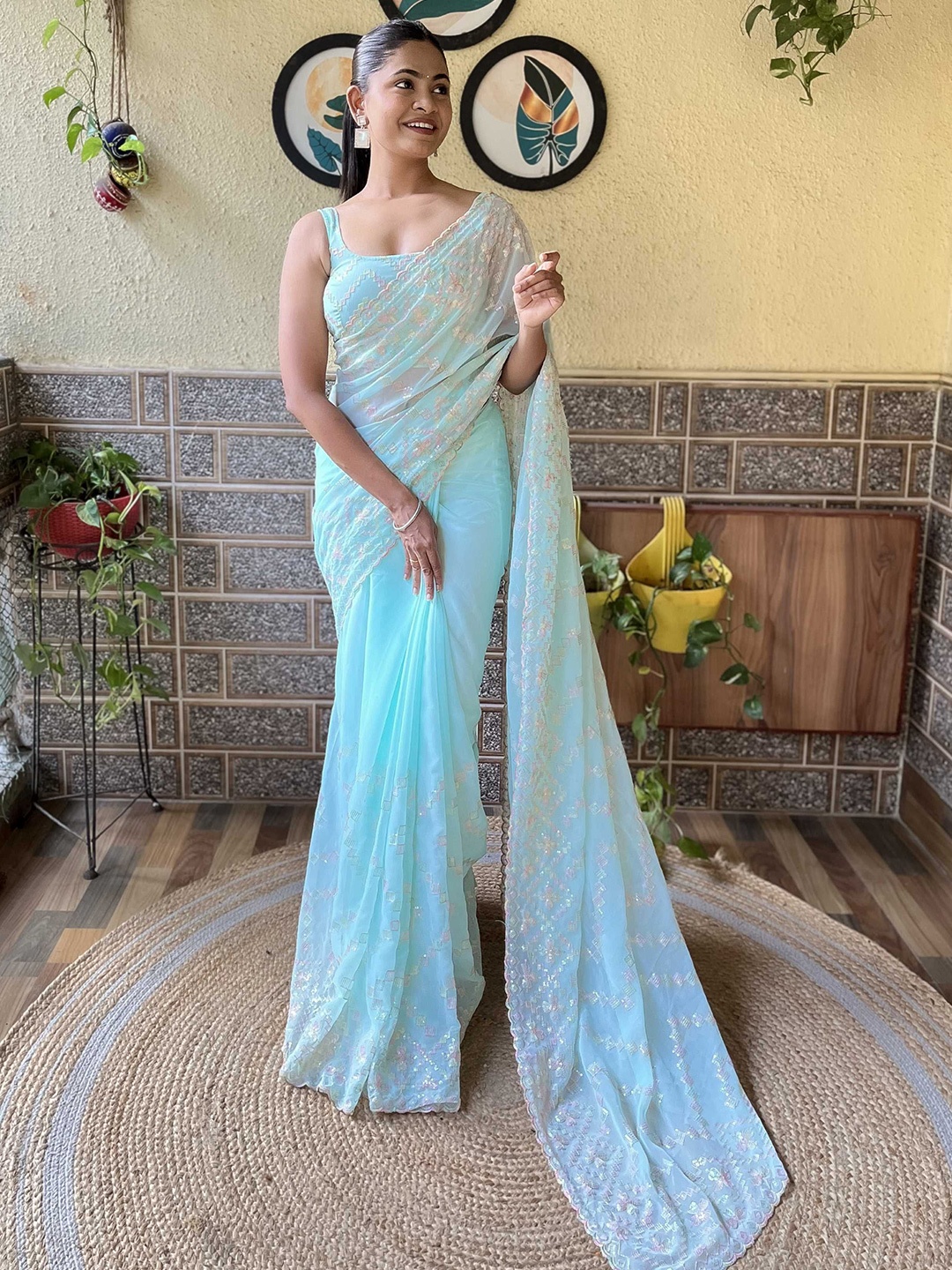 Panzora Embroidered Sequinned Saree, Blue