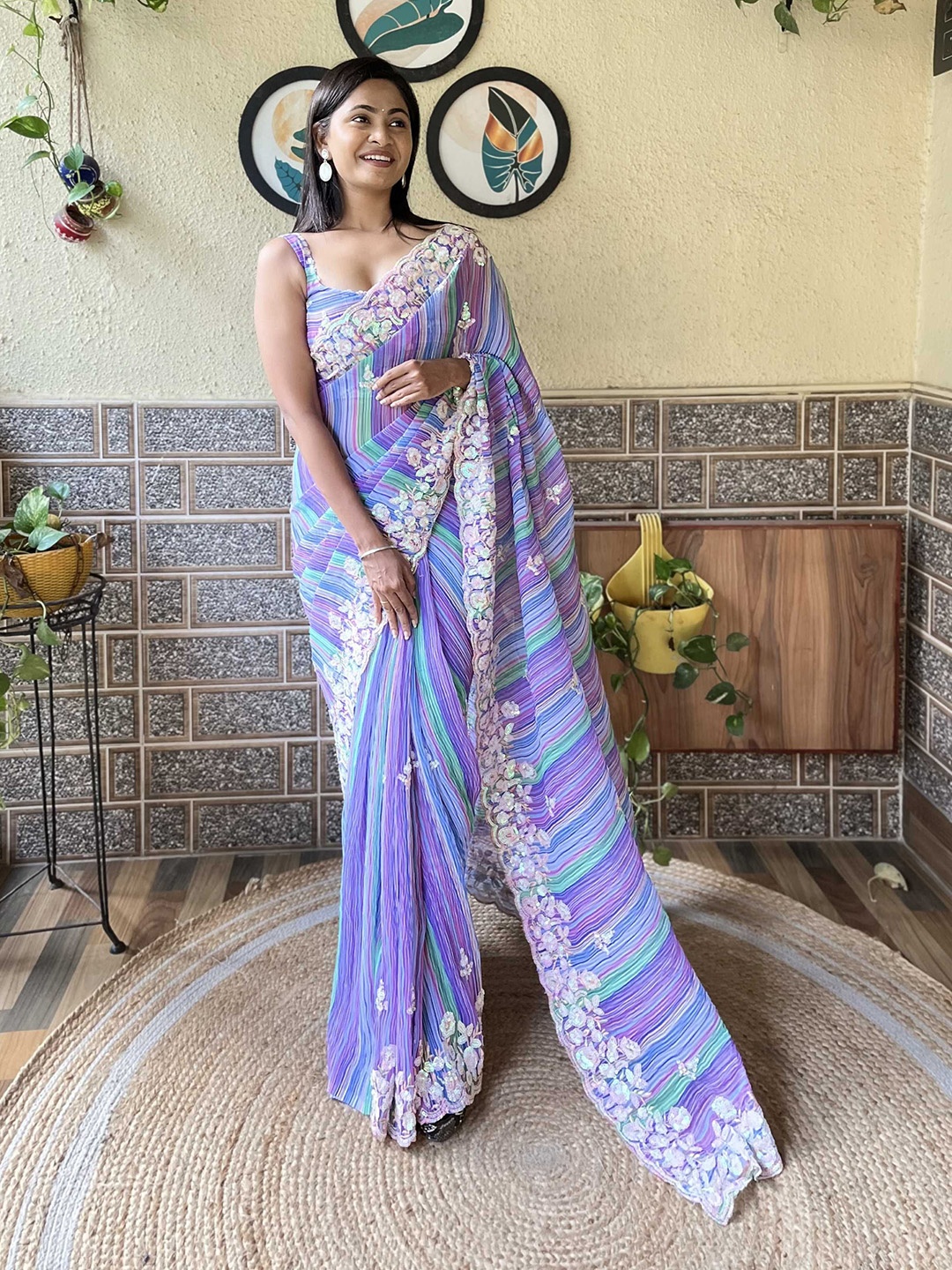 

Panzora Striped Sequinned Saree With Blouse Piece, Purple