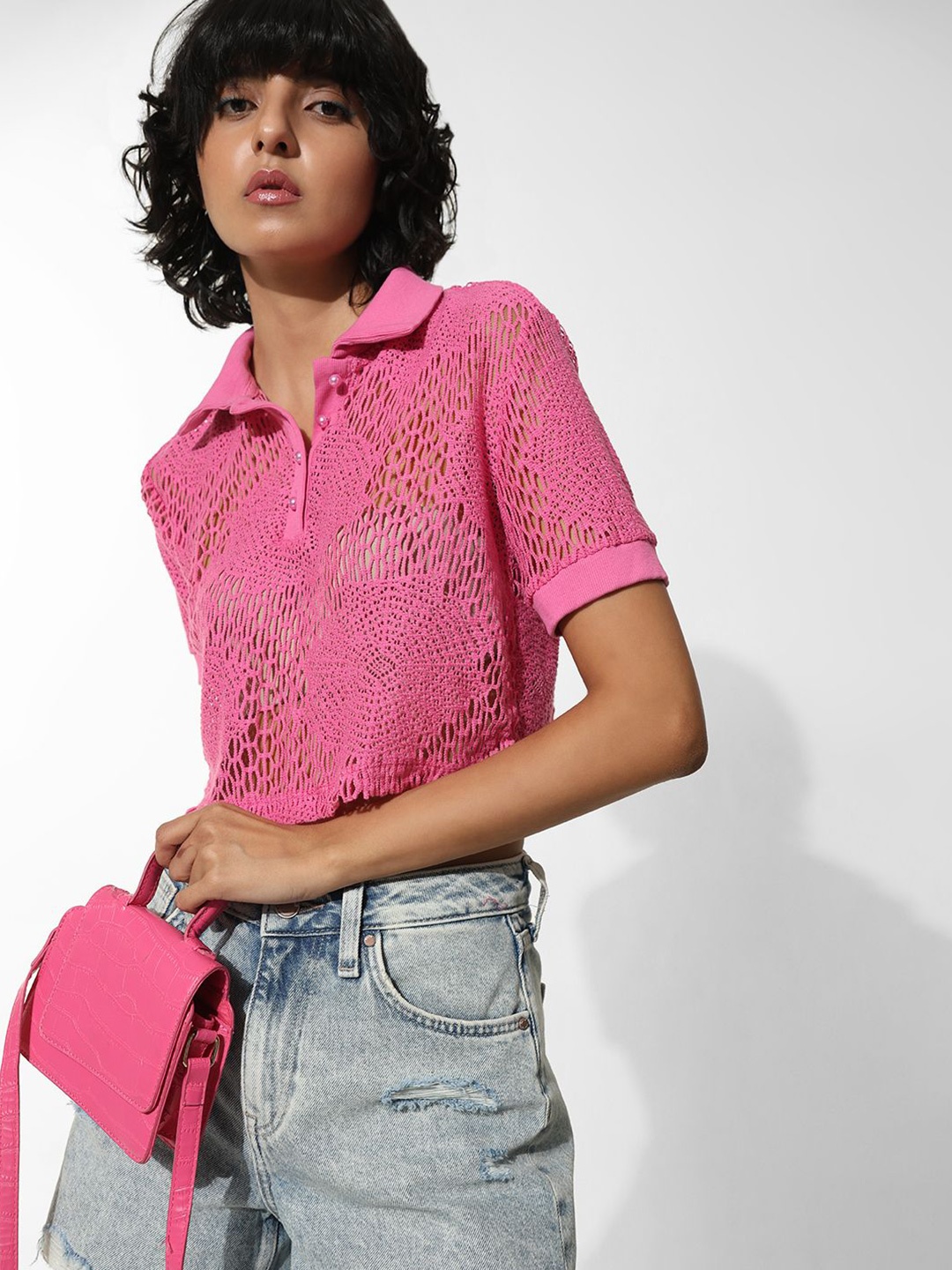 

ONLY ONL UEXRACHEL SS POLO TE Self Design Shirt Style Crop Top, Pink