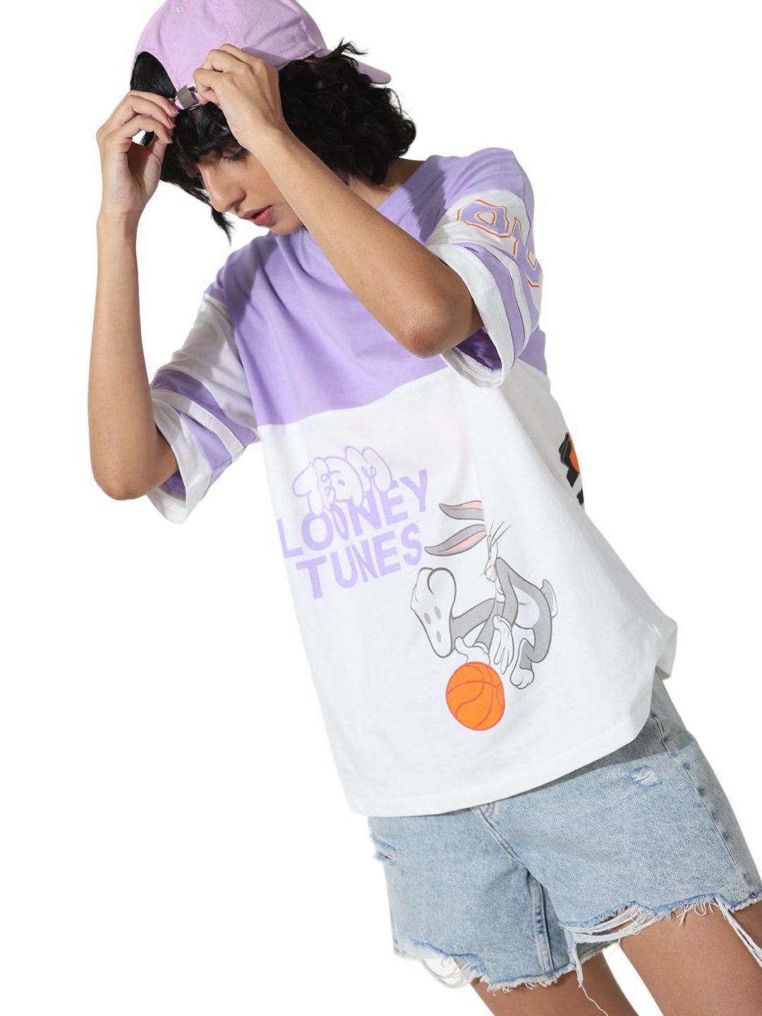 

ONLY ONLPEA SS TEE JRS Colourblocked Drop-Shoulder Sleeves Pure Cotton T-shirt, Lavender