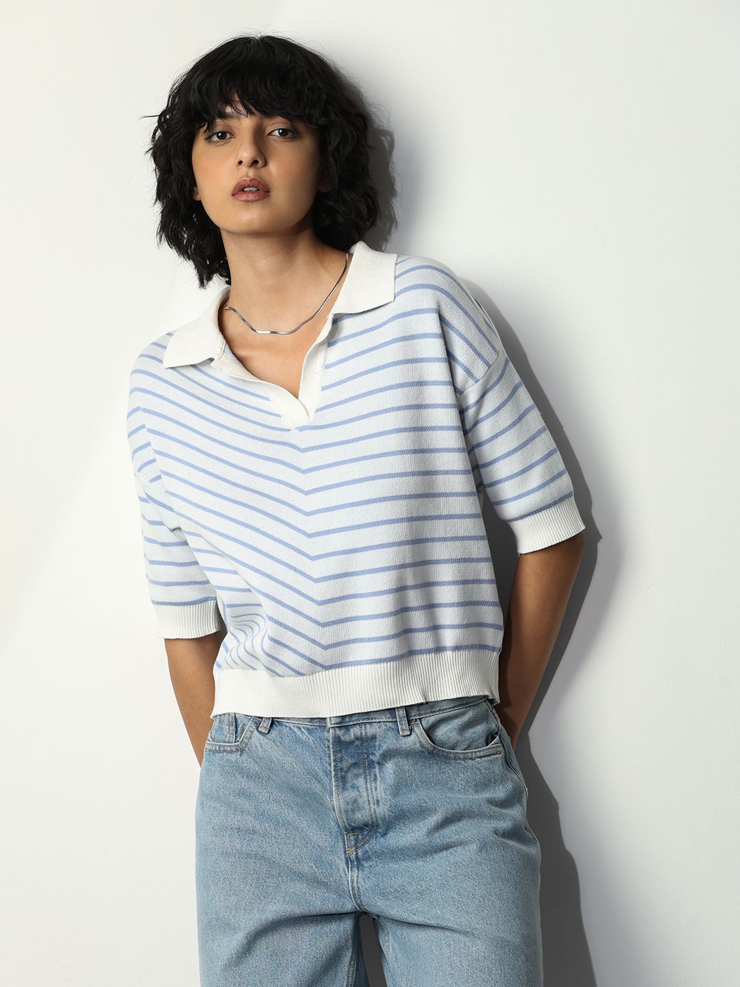 

ONLY ONLKIM SS KNIT-IN Striped Polo Collar Pure Cotton T-shirt, White