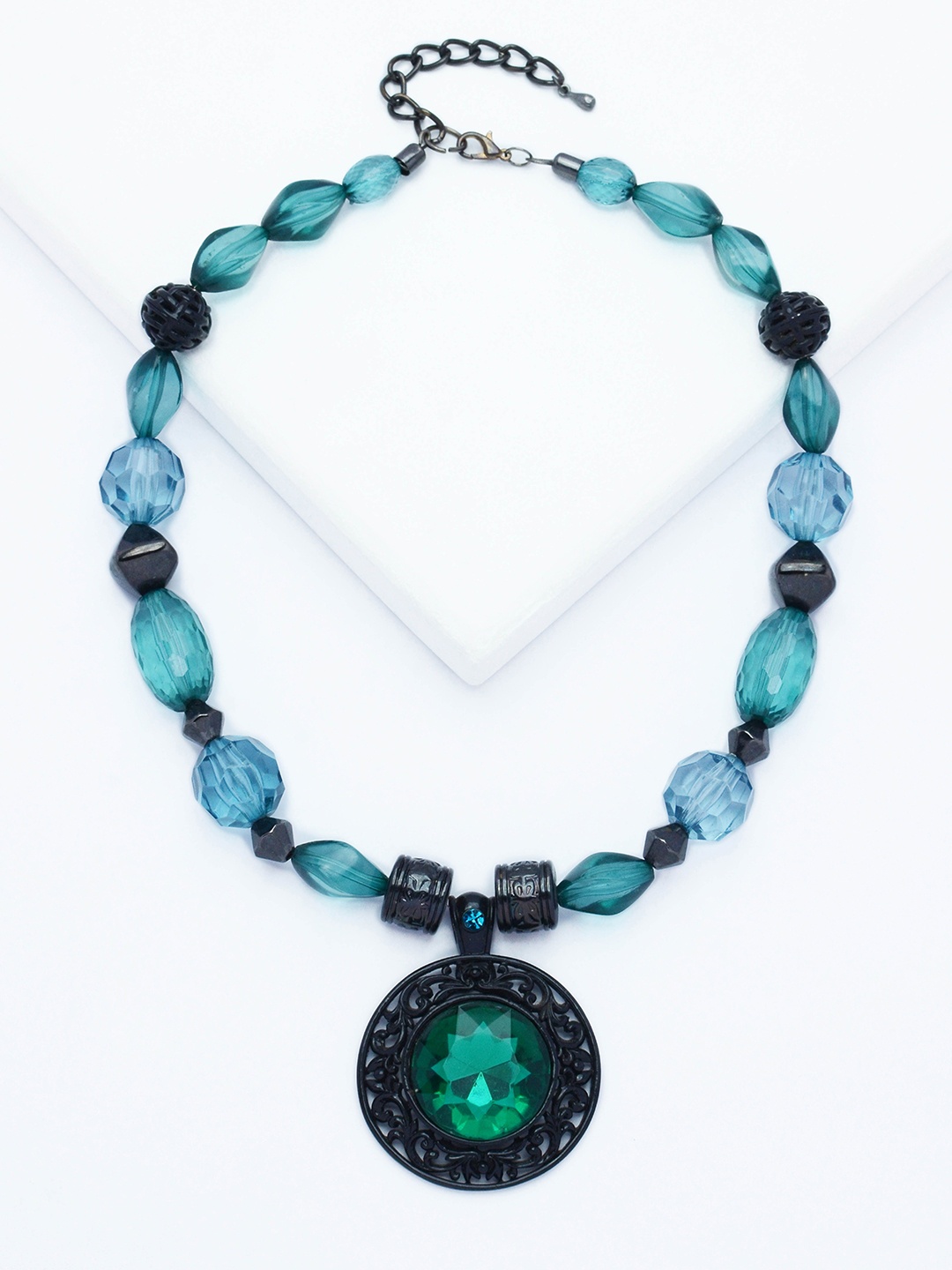 

Rhea Rhodium-Plated Emerald Beaded Necklace, Blue