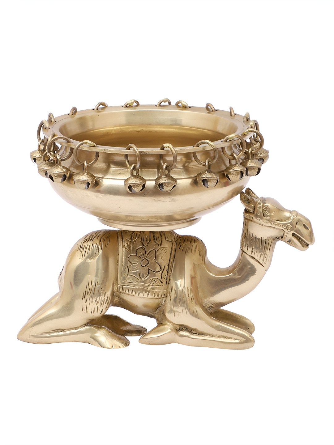 

Two Moustaches Gold-Toned Urli Bowl with Bells Over Sitting Camel Brass Figurine Showpiece