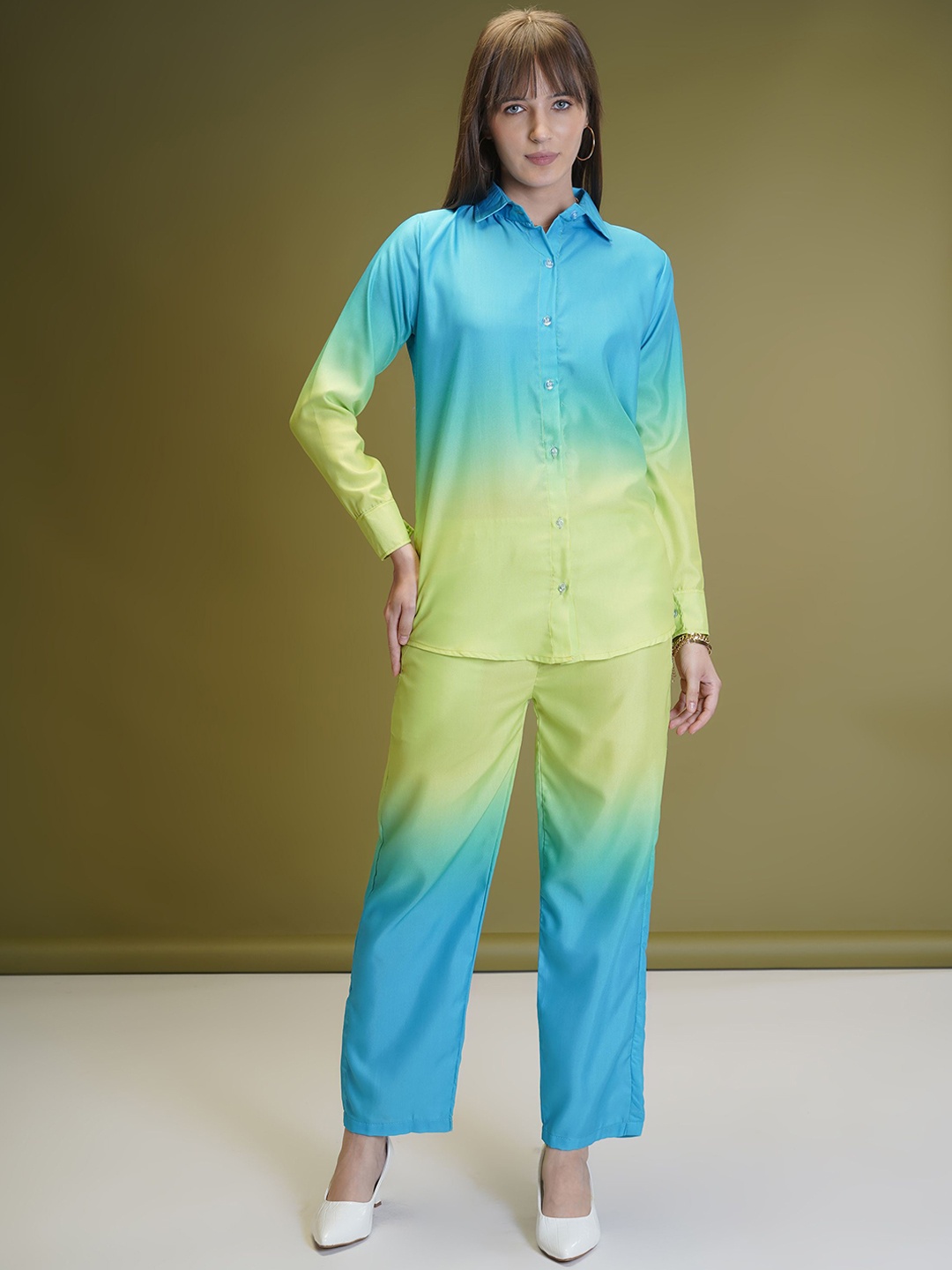 

ISHA TRADE Ombre Printed Spread Collar Shirt With Trousers, Blue