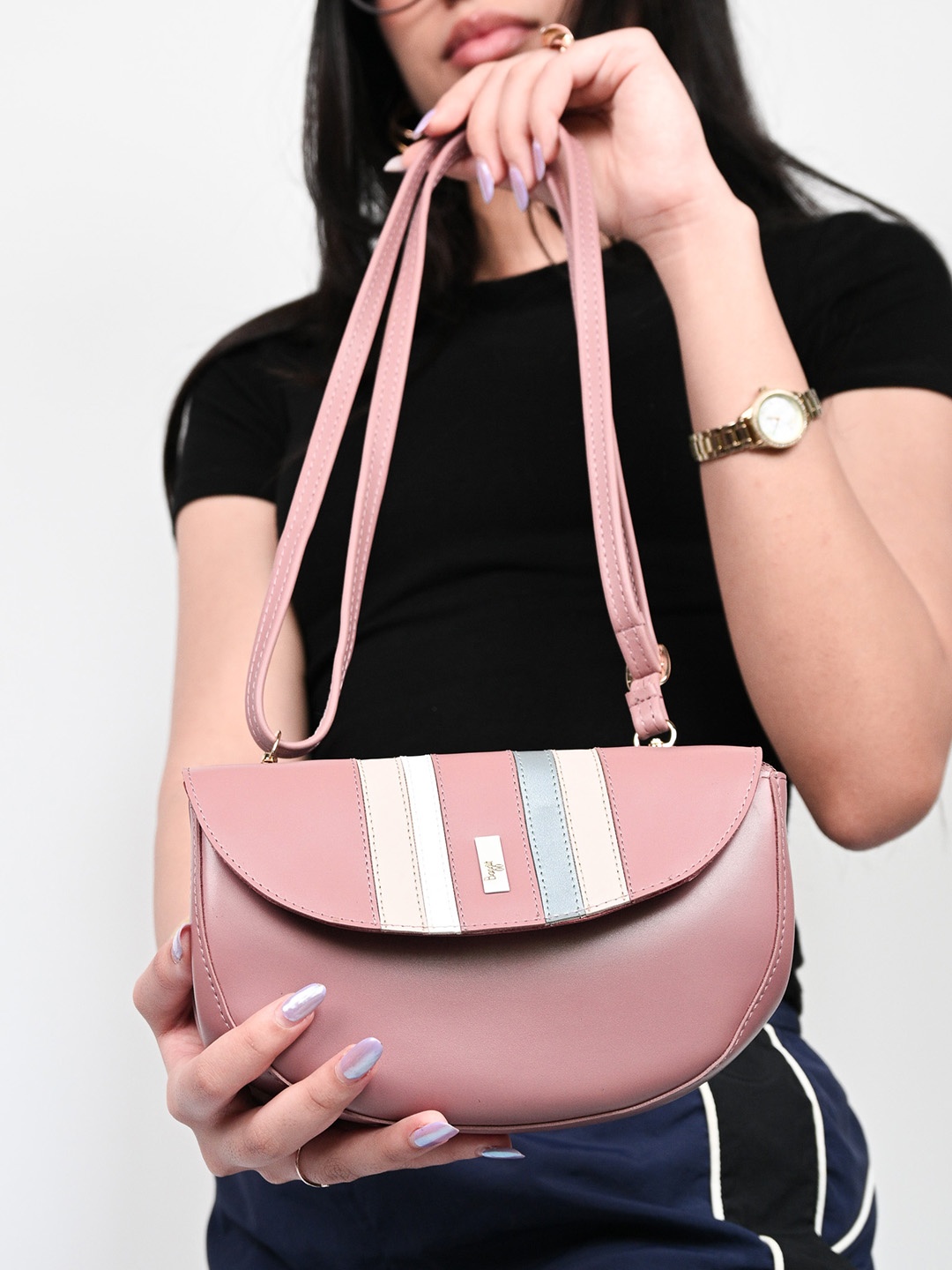 

Baggit Striped Half Moon Sling Bag, Pink