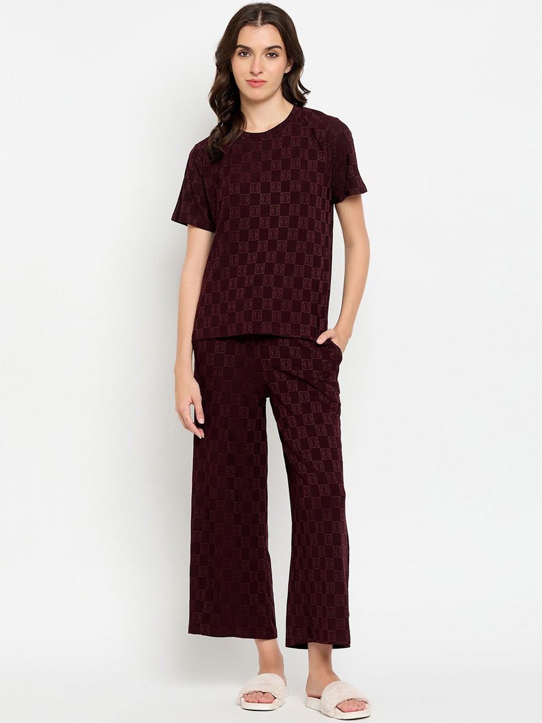 

Camey Checked Round Neck Short Sleeves T-shirt With Pyjamas, Brown