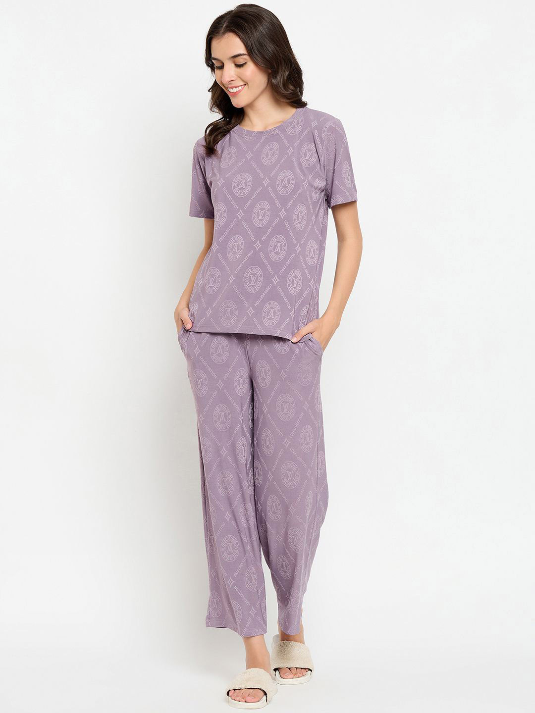 

Camey Typography Printed Round Neck Short Sleeves T-shirt With Pyjamas, Purple
