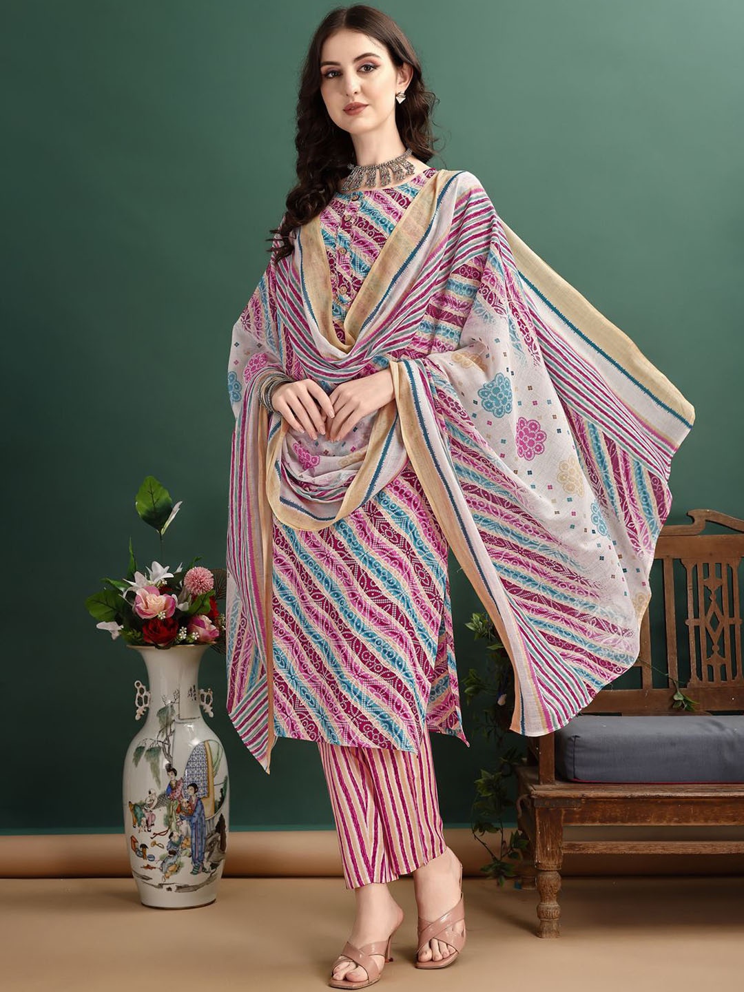 

KALINI Leheriya Printed Straight Kurta With Trousers & Dupatta, Blue