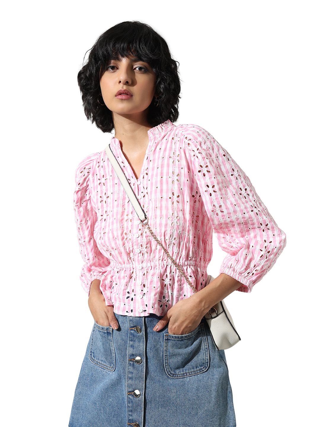 

ONLY ONLSUBLET SS Self Design Mandarin Collar Schiffli Pure Cotton Shirt Style Top, Pink