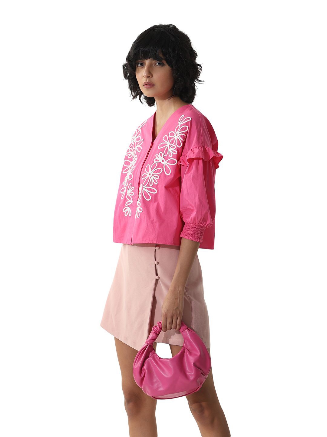 

ONLY Floral Embroidered V-Neck Cotton Regular Top, Pink