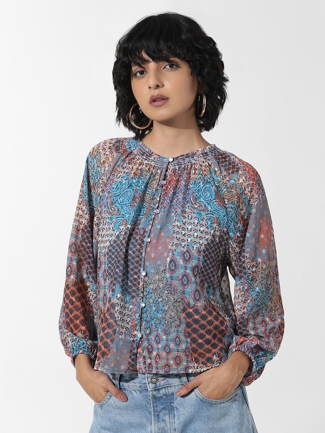 

ONLY ONLTILE AOP Abstract Printed Cuffed Sleeves Shirt Style Top, Grey